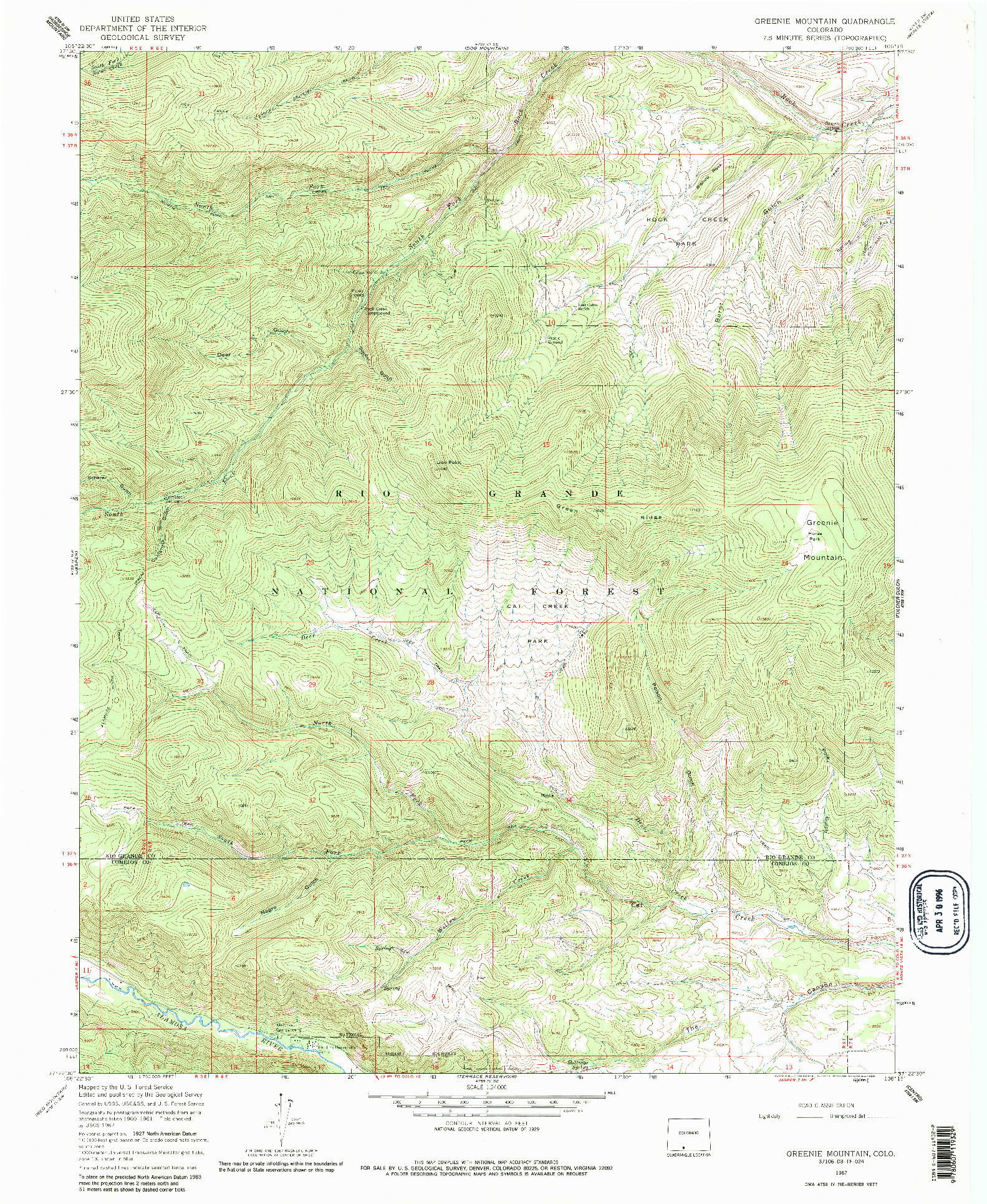 USGS 1:24000-SCALE QUADRANGLE FOR GREENIE MOUNTAIN, CO 1967