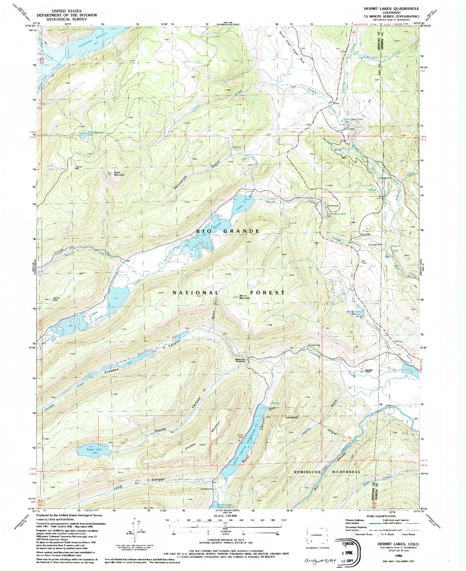 USGS 1:24000-SCALE QUADRANGLE FOR HERMIT LAKES, CO 1986