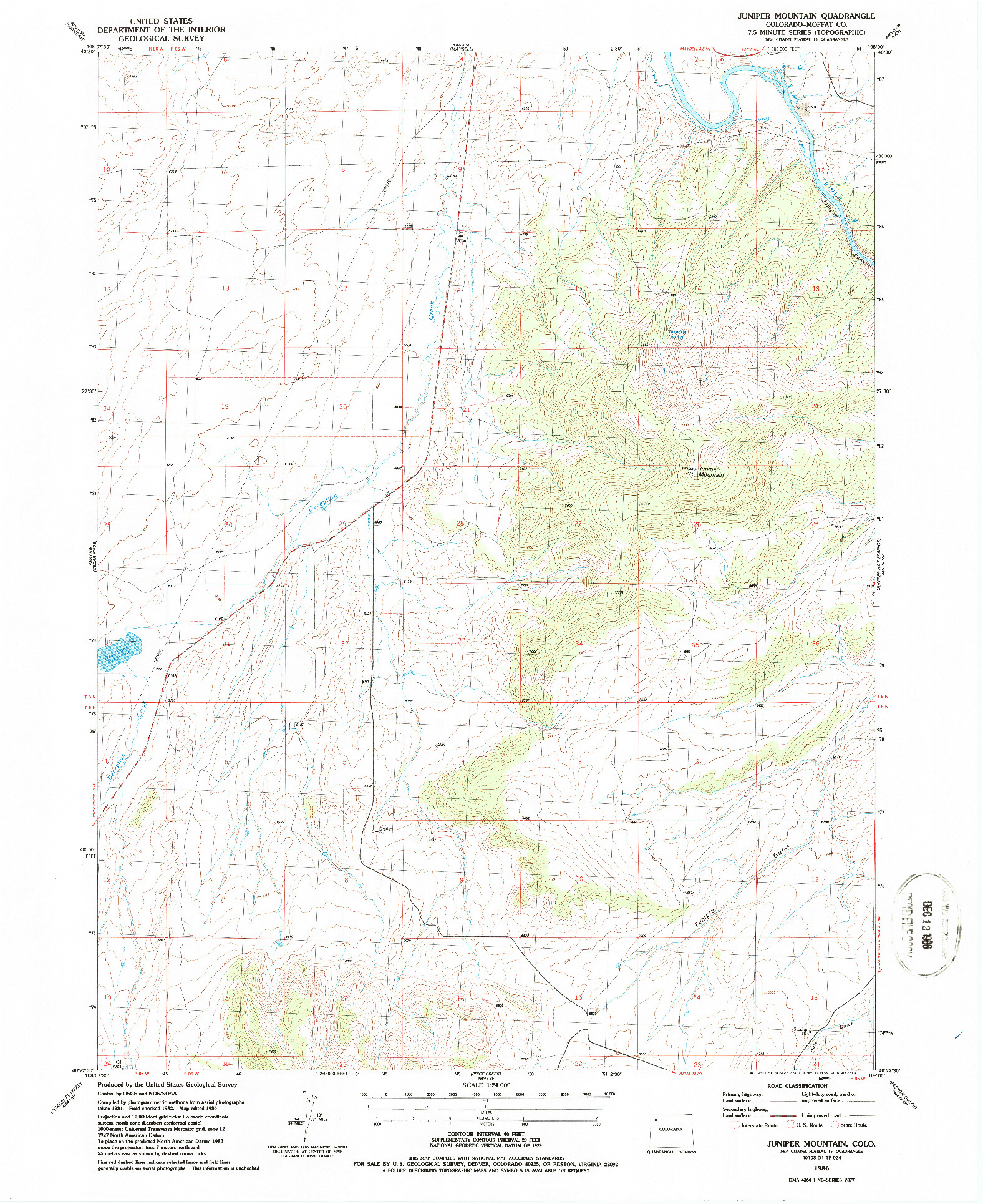 USGS 1:24000-SCALE QUADRANGLE FOR JUNIPER MOUNTAIN, CO 1986