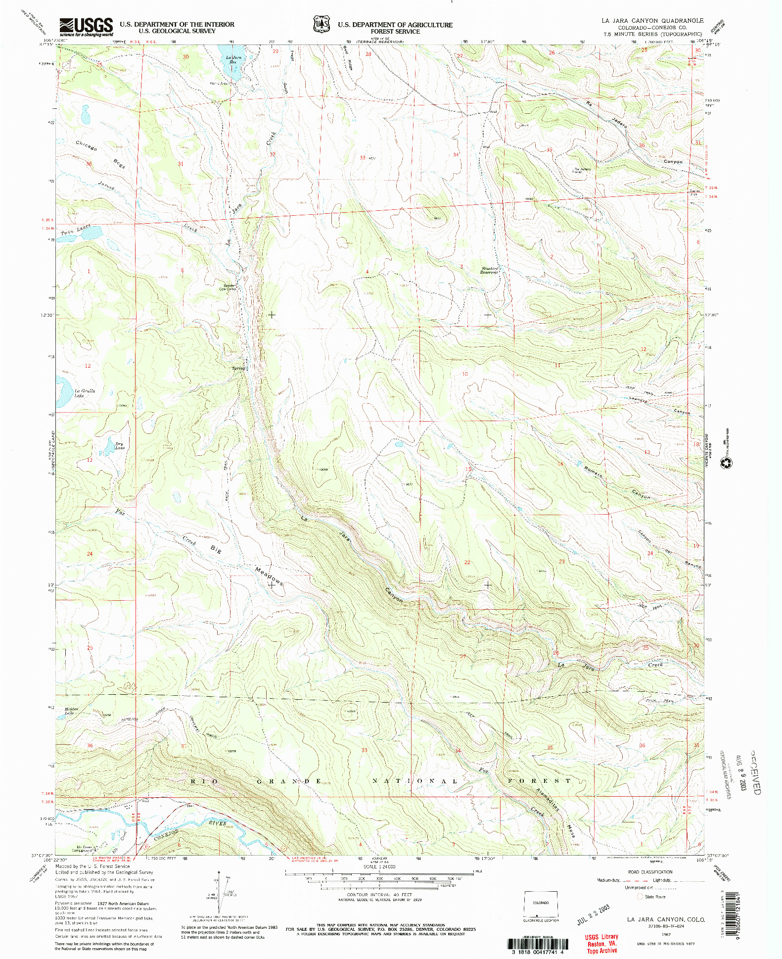 USGS 1:24000-SCALE QUADRANGLE FOR LA JARA CANYON, CO 1967