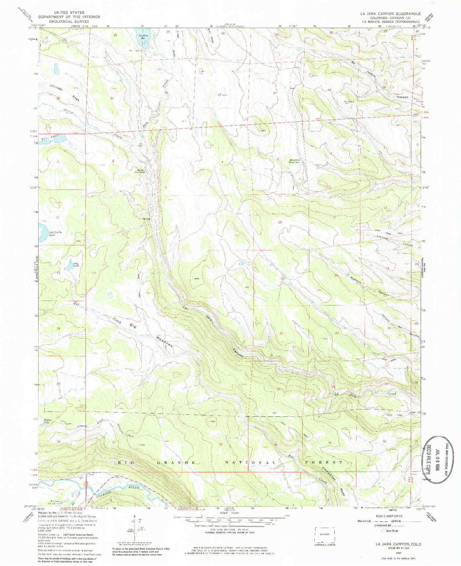 USGS 1:24000-SCALE QUADRANGLE FOR LA JARA CANYON, CO 1967