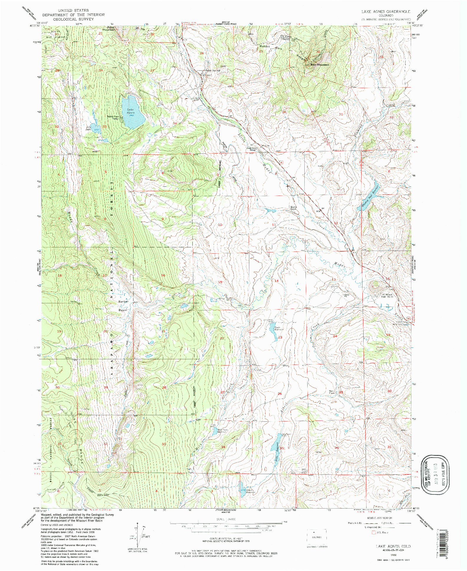 USGS 1:24000-SCALE QUADRANGLE FOR LAKE AGNES, CO 1956