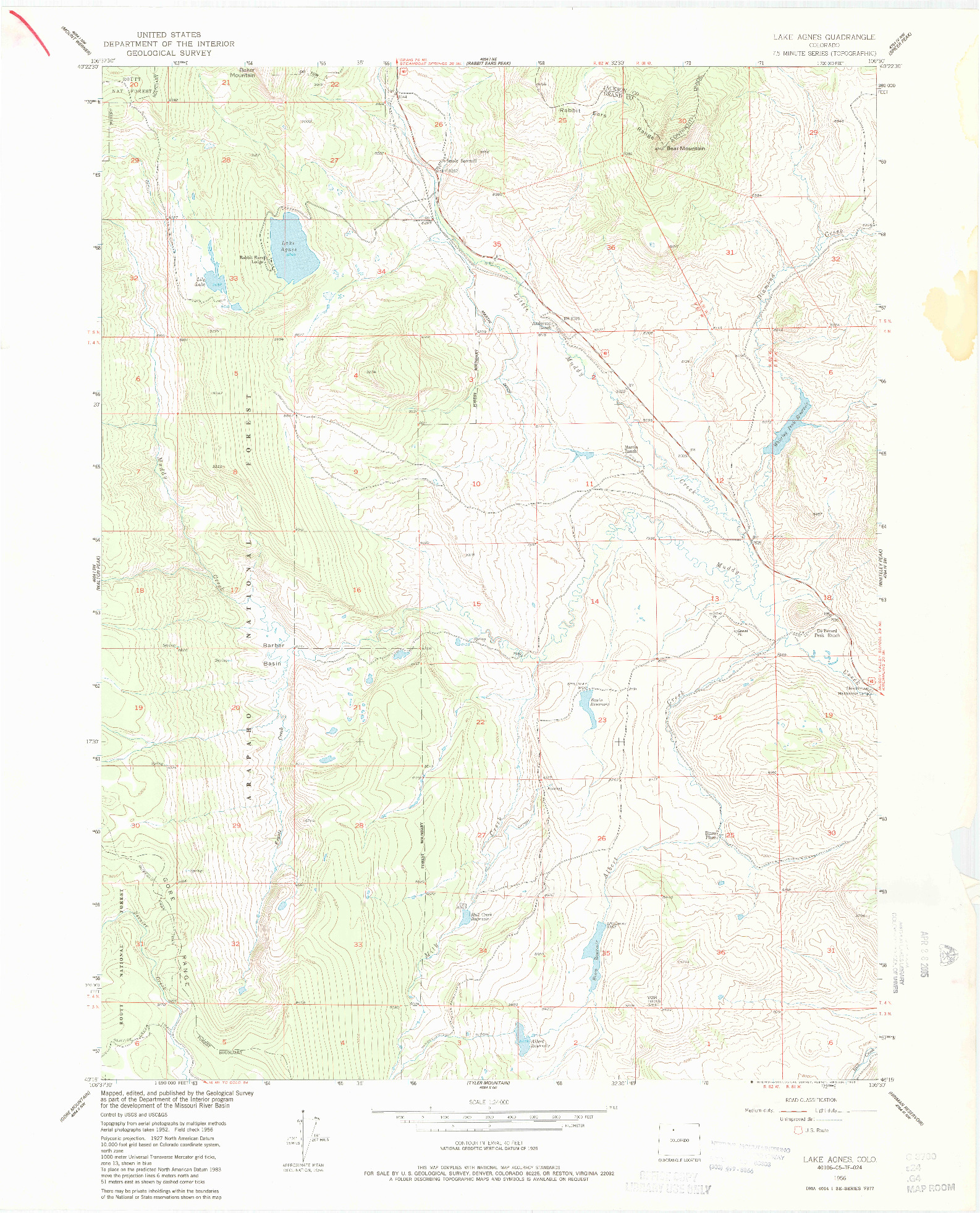 USGS 1:24000-SCALE QUADRANGLE FOR LAKE AGNES, CO 1956