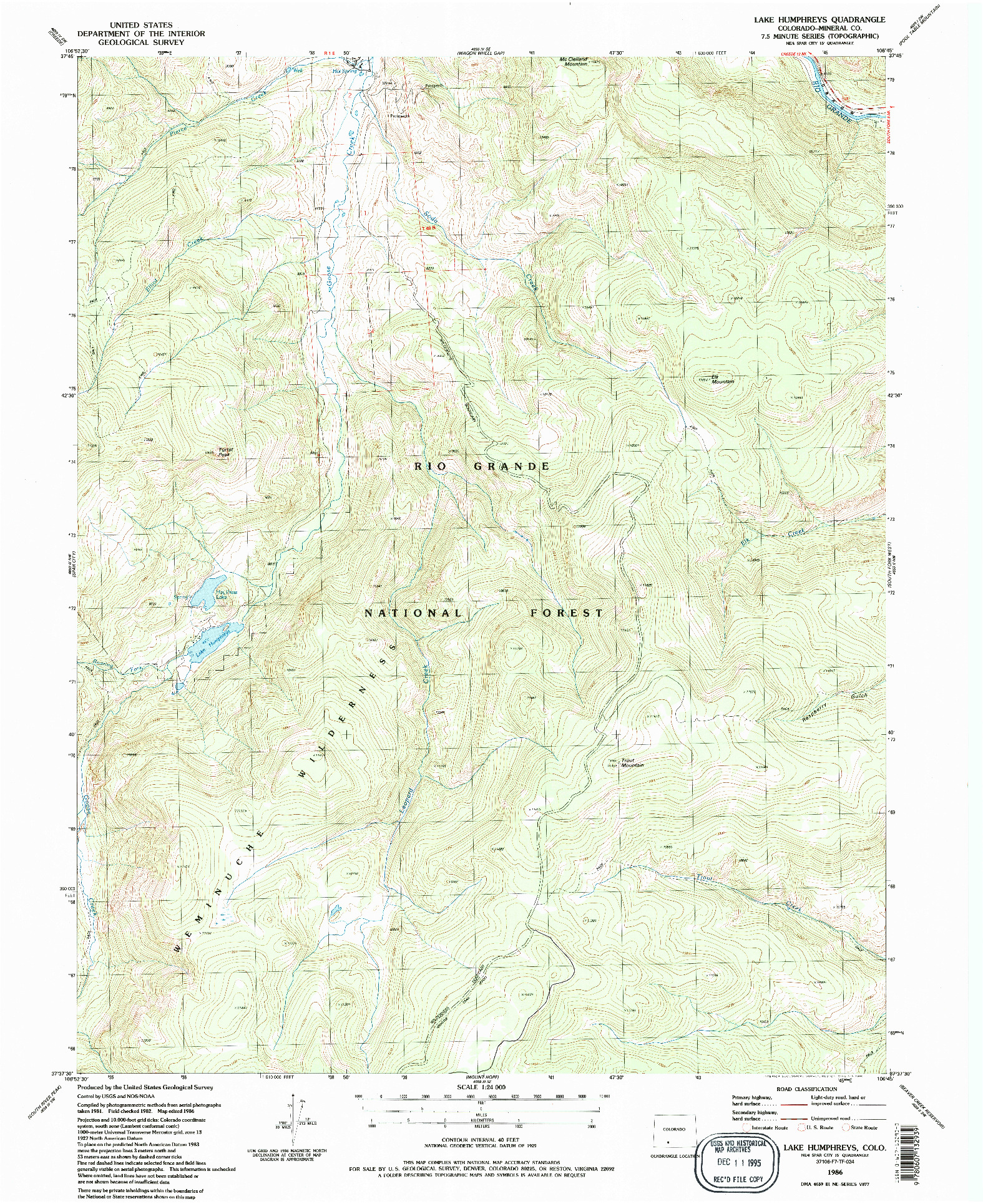 USGS 1:24000-SCALE QUADRANGLE FOR LAKE HUMPHREYS, CO 1986