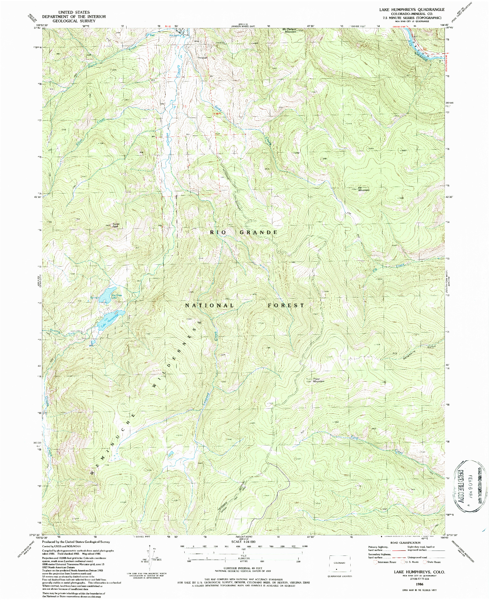 USGS 1:24000-SCALE QUADRANGLE FOR LAKE HUMPHREYS, CO 1986