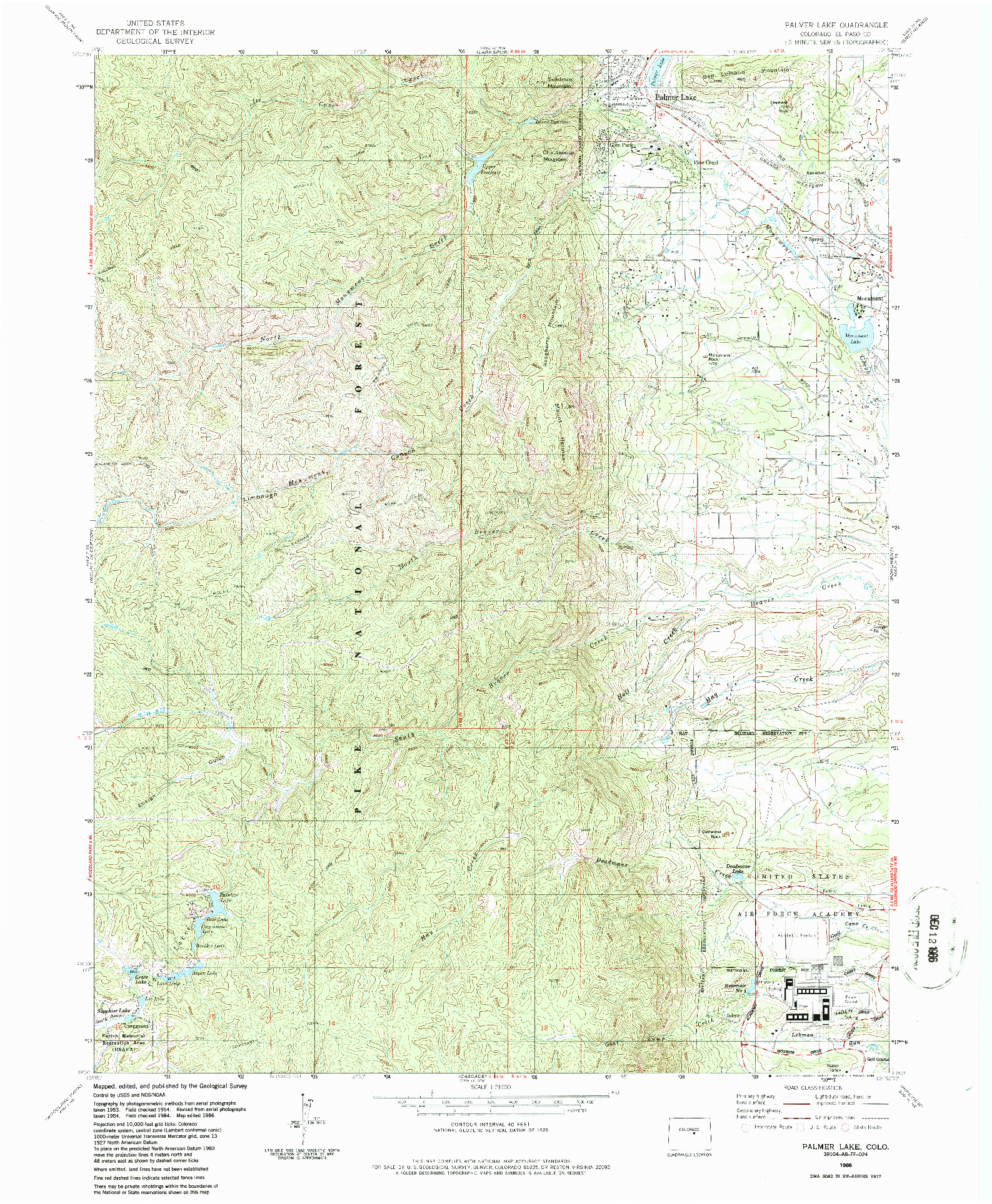 USGS 1:24000-SCALE QUADRANGLE FOR PALMER LAKE, CO 1986