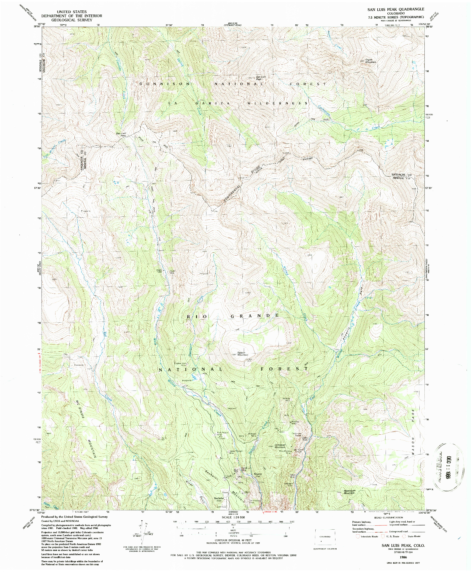 USGS 1:24000-SCALE QUADRANGLE FOR SAN LUIS PEAK, CO 1986