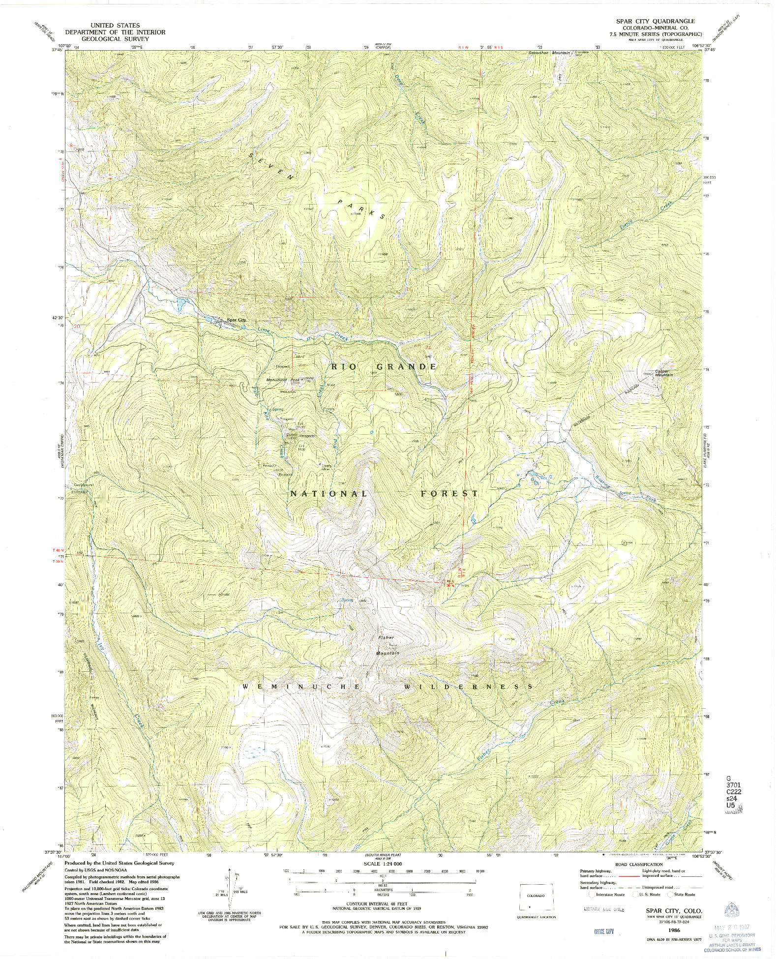 USGS 1:24000-SCALE QUADRANGLE FOR SPAR CITY, CO 1986