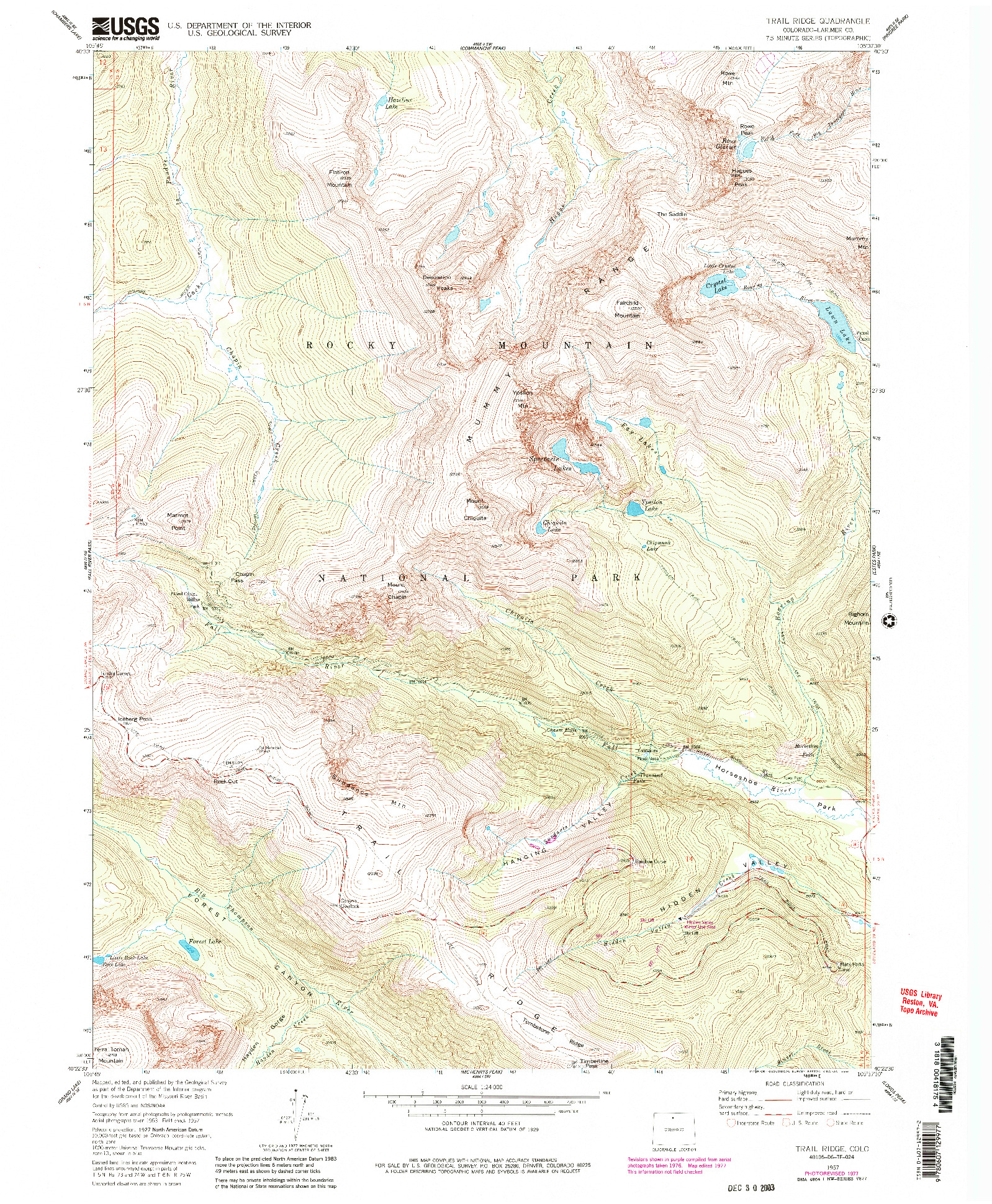 USGS 1:24000-SCALE QUADRANGLE FOR TRAIL RIDGE, CO 1957