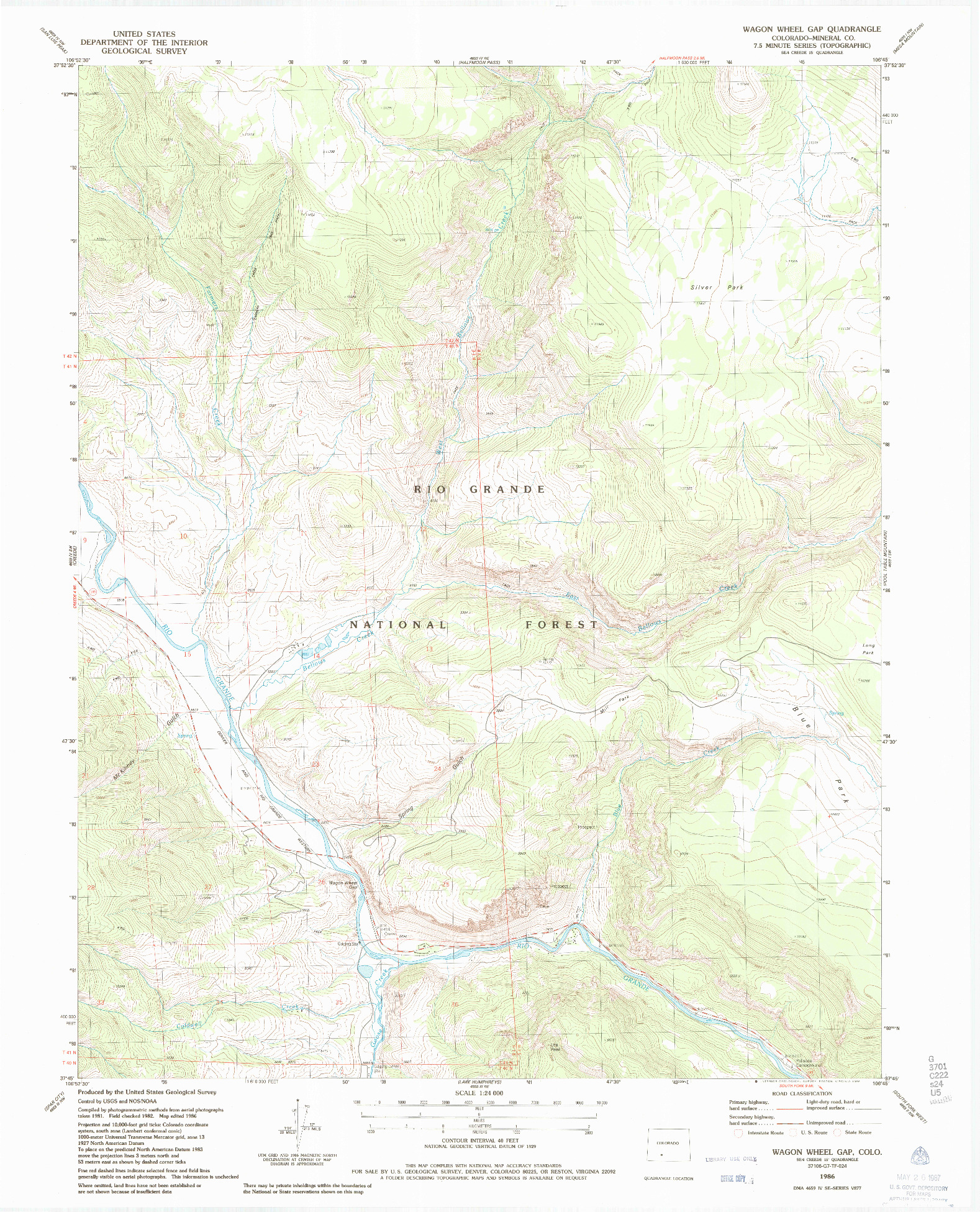 USGS 1:24000-SCALE QUADRANGLE FOR WAGON WHEEL GAP, CO 1986