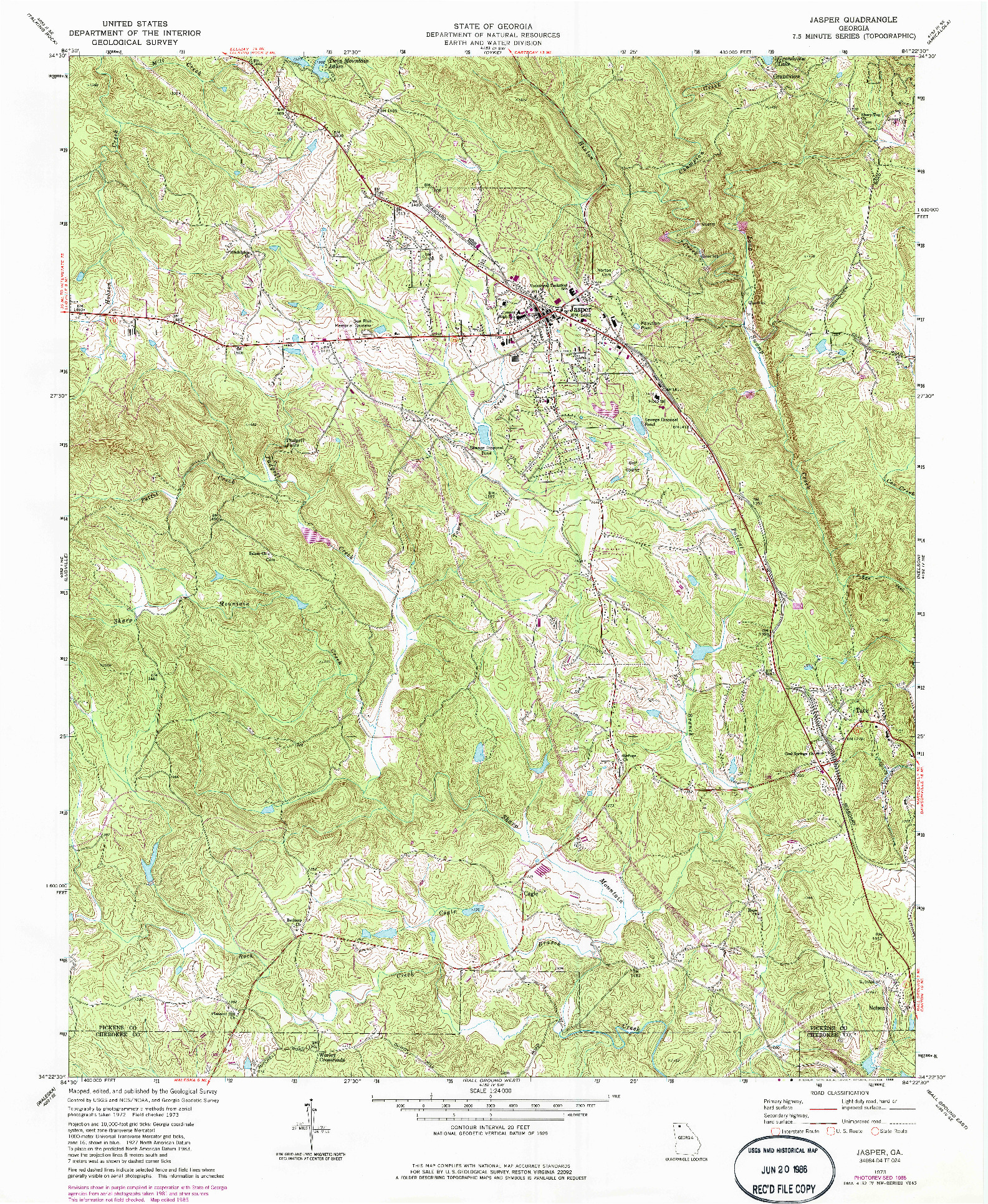 USGS 1:24000-SCALE QUADRANGLE FOR JASPER, GA 1973