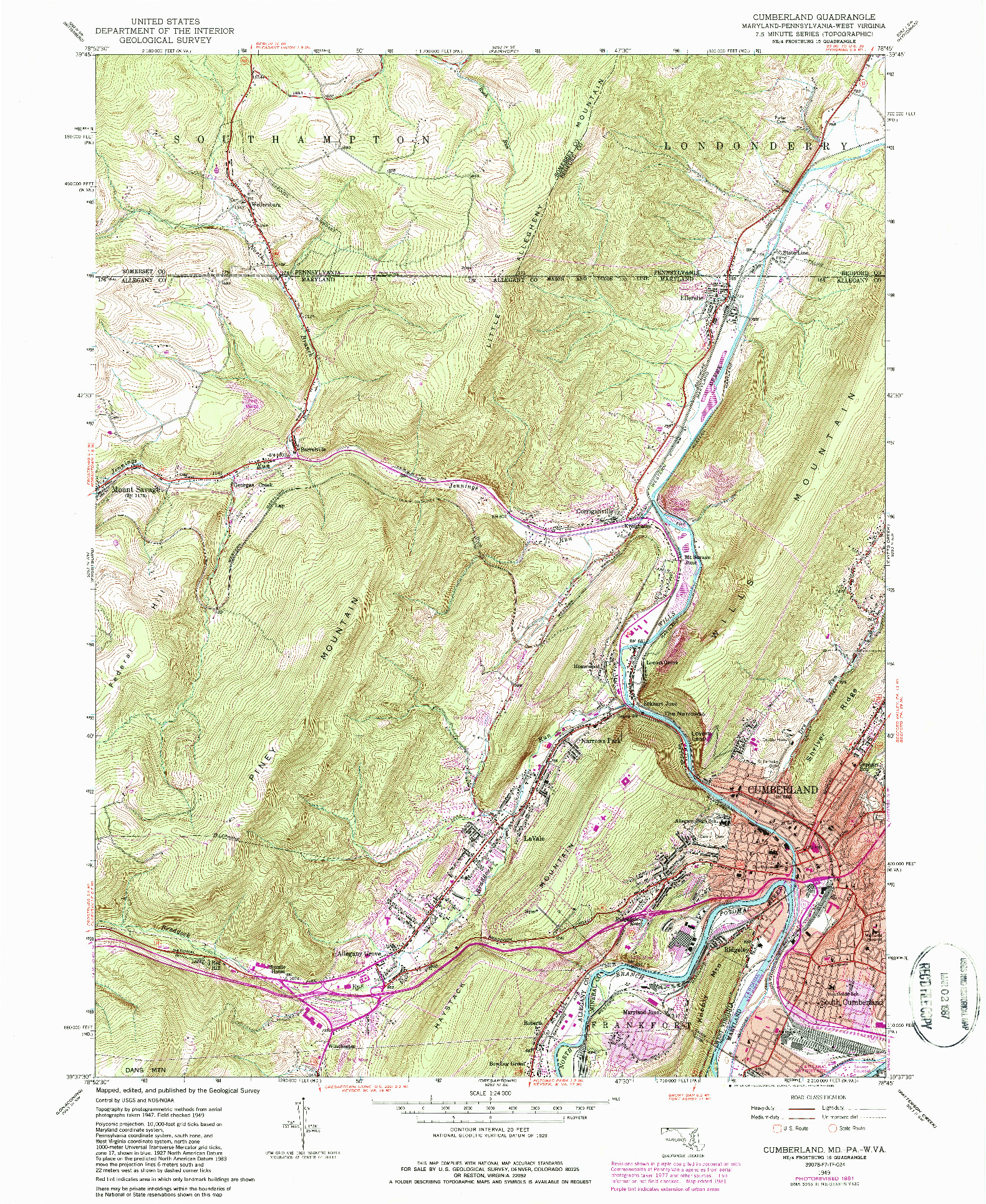 USGS 1:24000-SCALE QUADRANGLE FOR CUMBERLAND, MD 1949