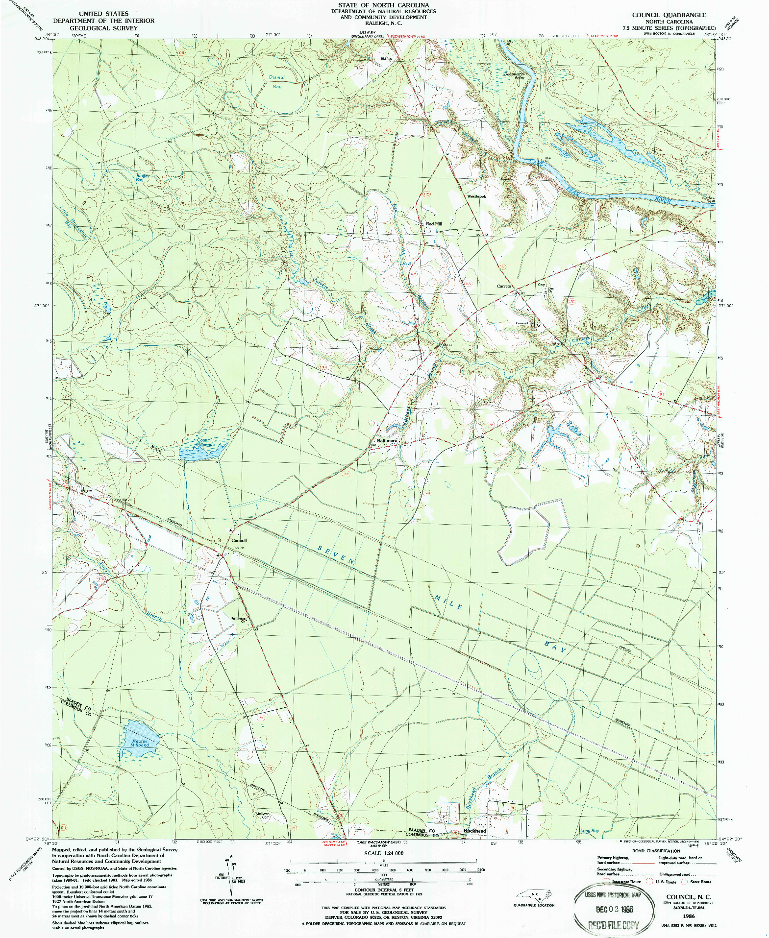 USGS 1:24000-SCALE QUADRANGLE FOR COUNCIL, NC 1986