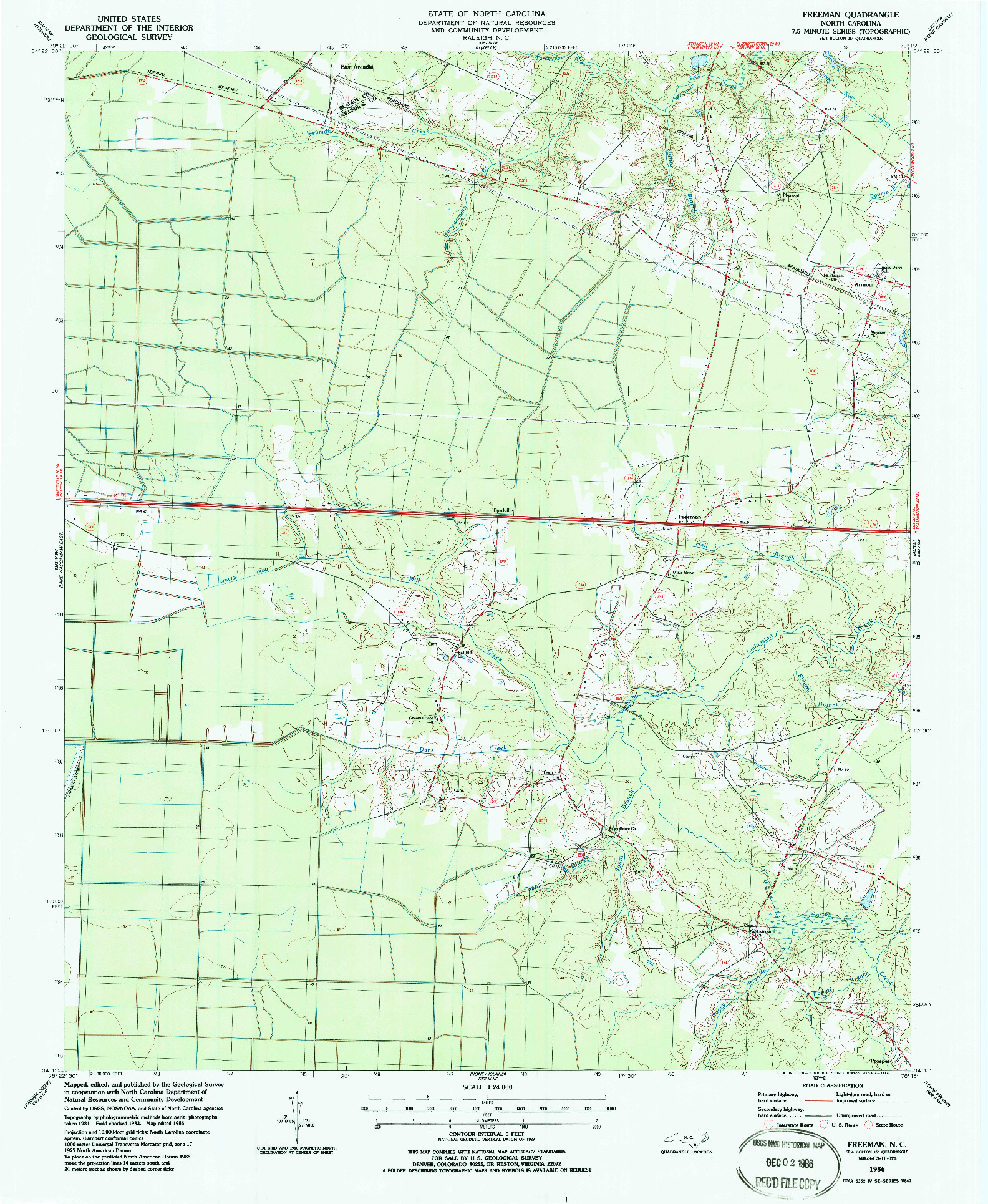 USGS 1:24000-SCALE QUADRANGLE FOR FREEMAN, NC 1986