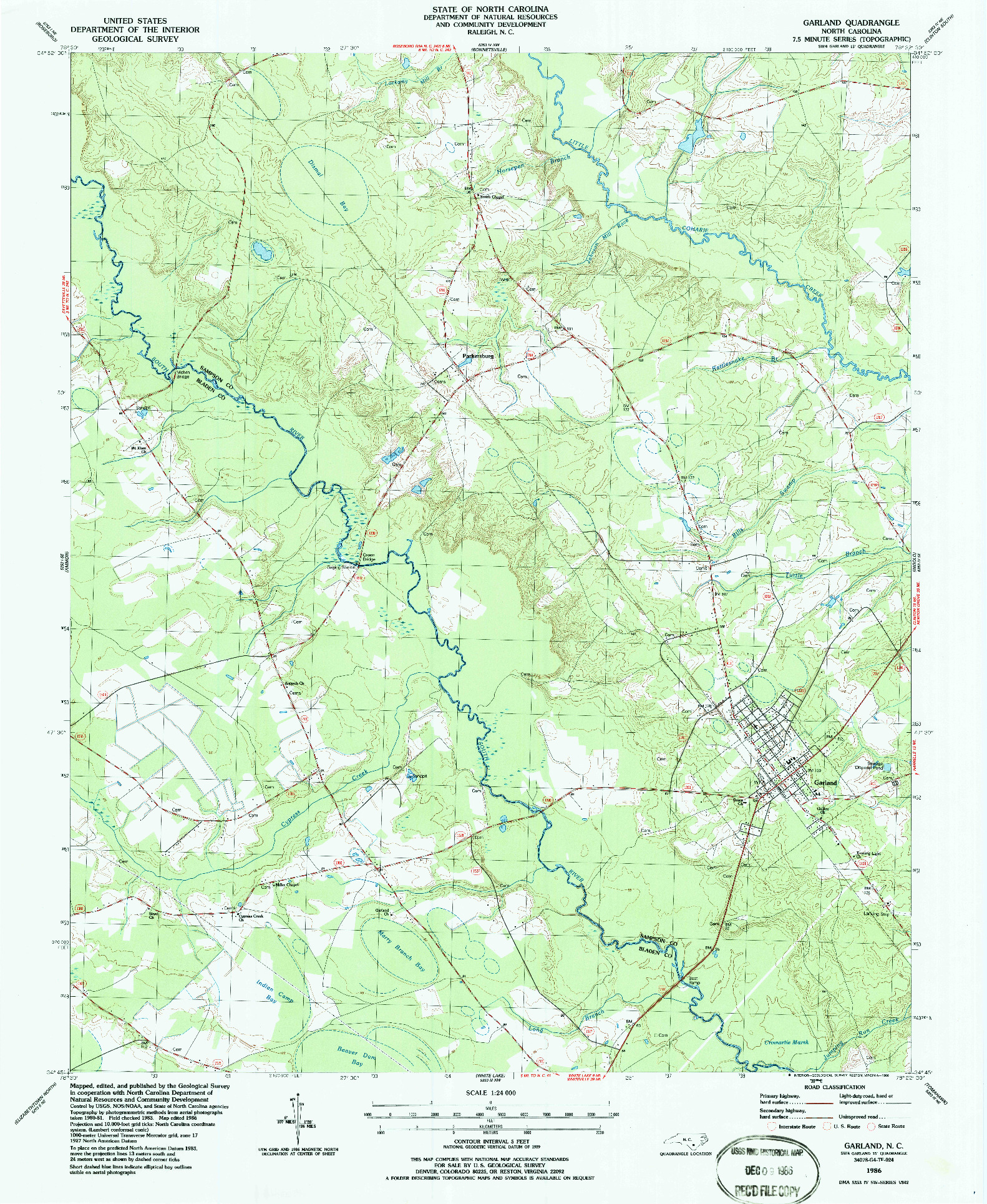 USGS 1:24000-SCALE QUADRANGLE FOR GARLAND, NC 1986