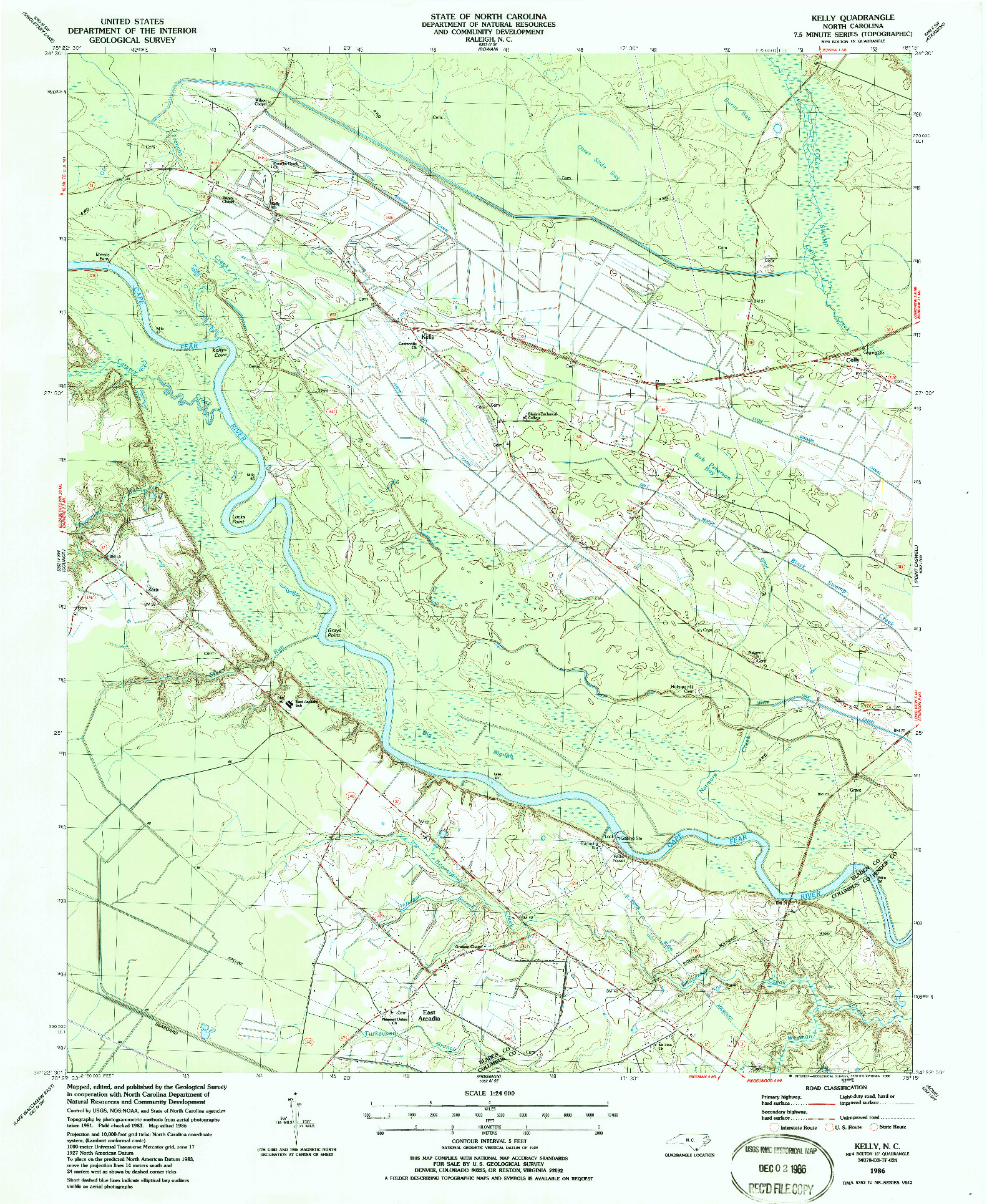 USGS 1:24000-SCALE QUADRANGLE FOR KELLY, NC 1986