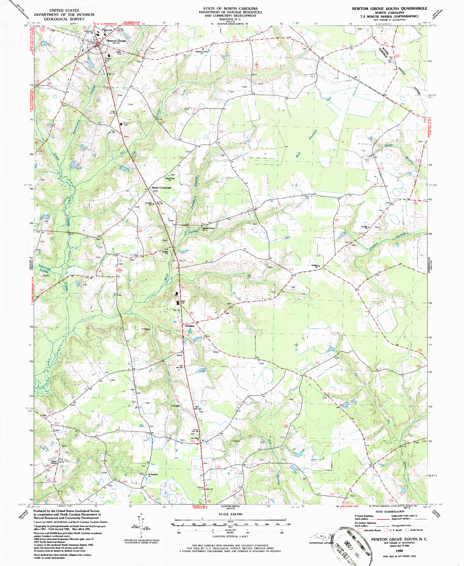 USGS 1:24000-SCALE QUADRANGLE FOR NEWTON GROVE SOUTH, NC 1986
