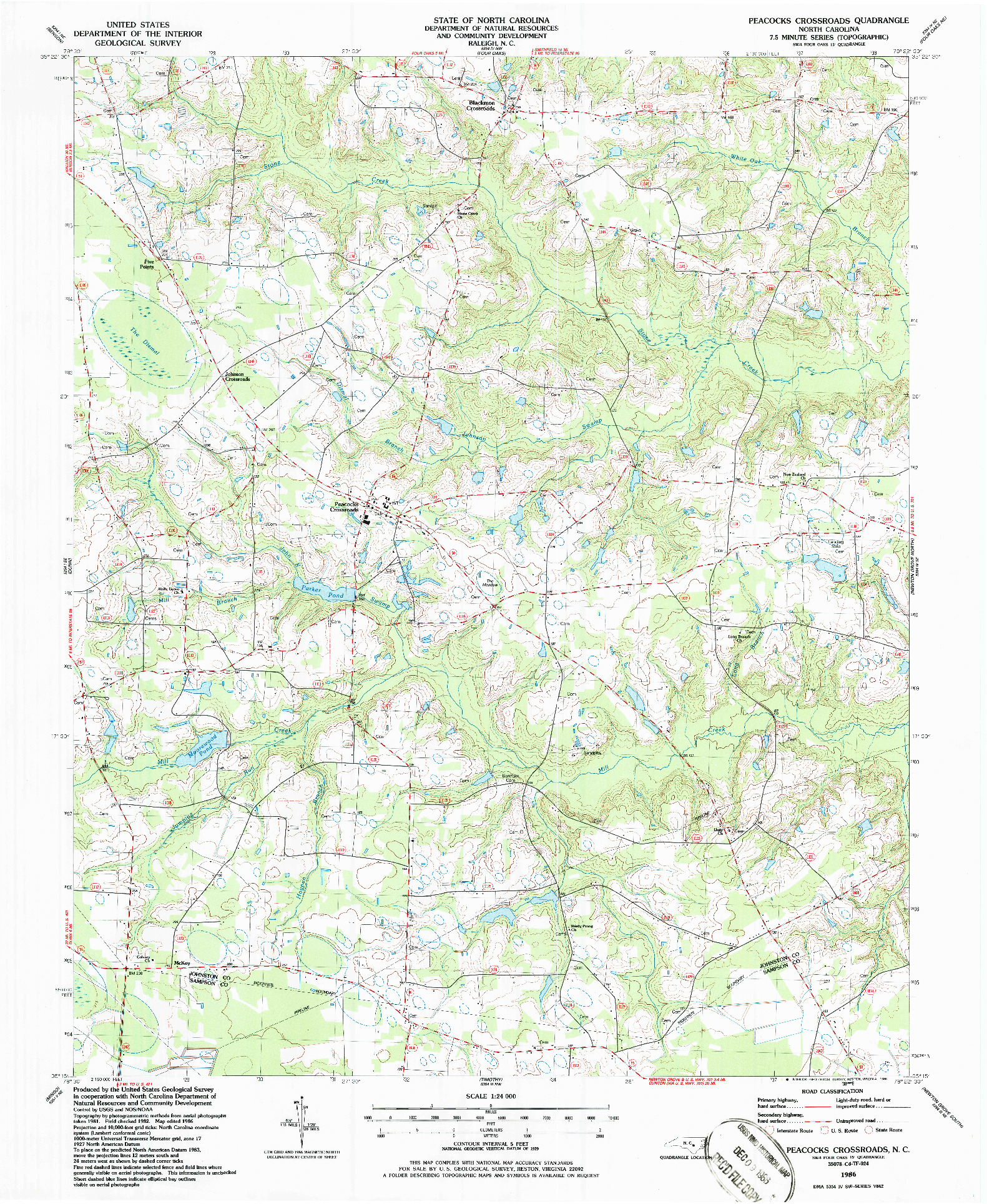 USGS 1:24000-SCALE QUADRANGLE FOR PEACOCKS CROSSROADS, NC 1986