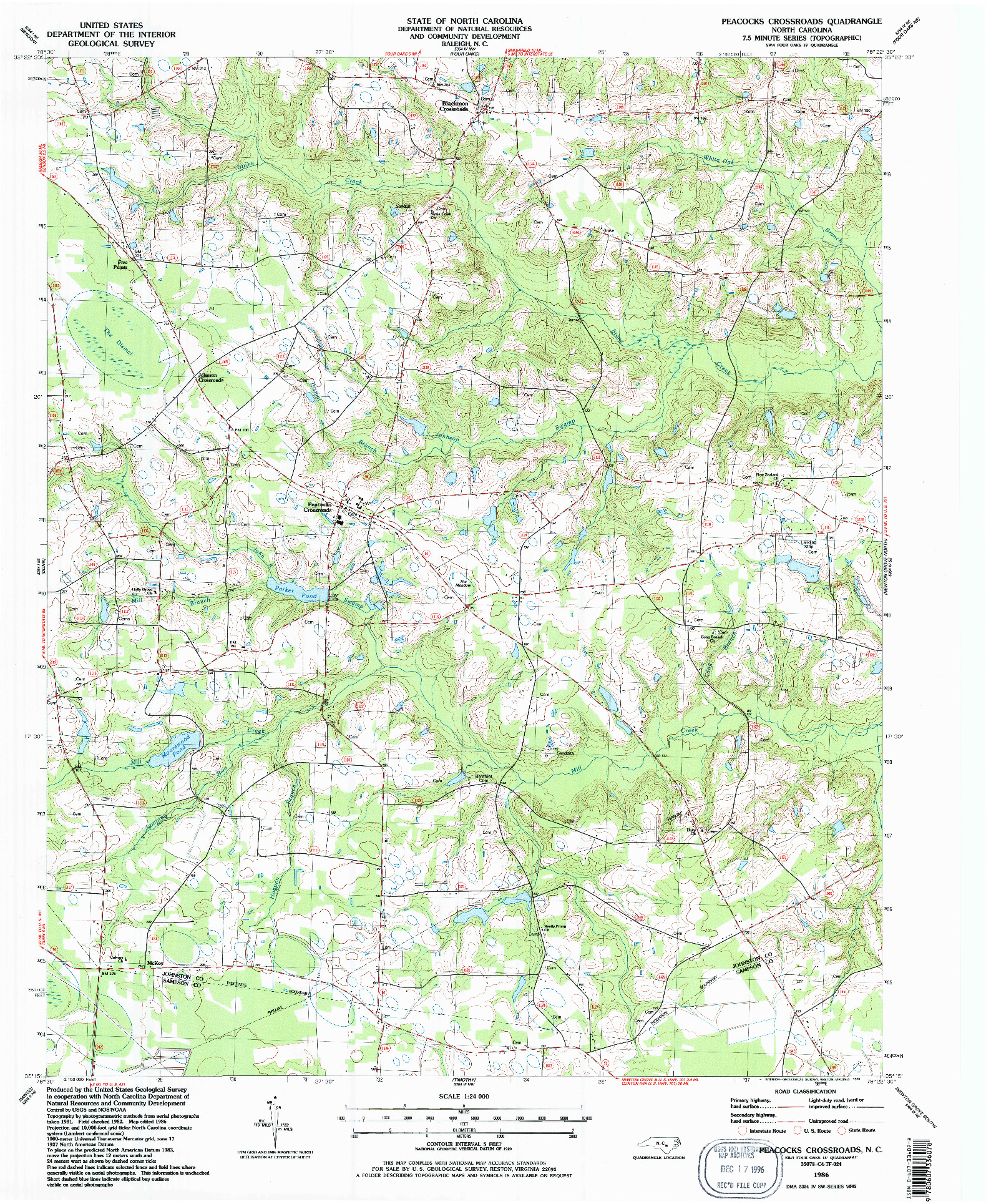 USGS 1:24000-SCALE QUADRANGLE FOR PEACOCKS CROSSROADS, NC 1986