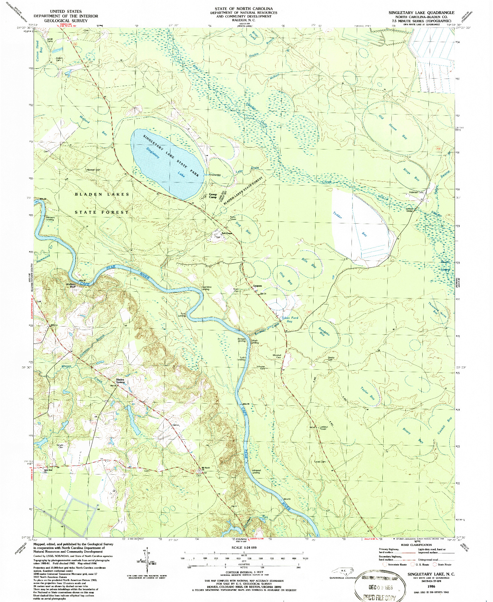 USGS 1:24000-SCALE QUADRANGLE FOR SINGLETARY LAKE, NC 1986