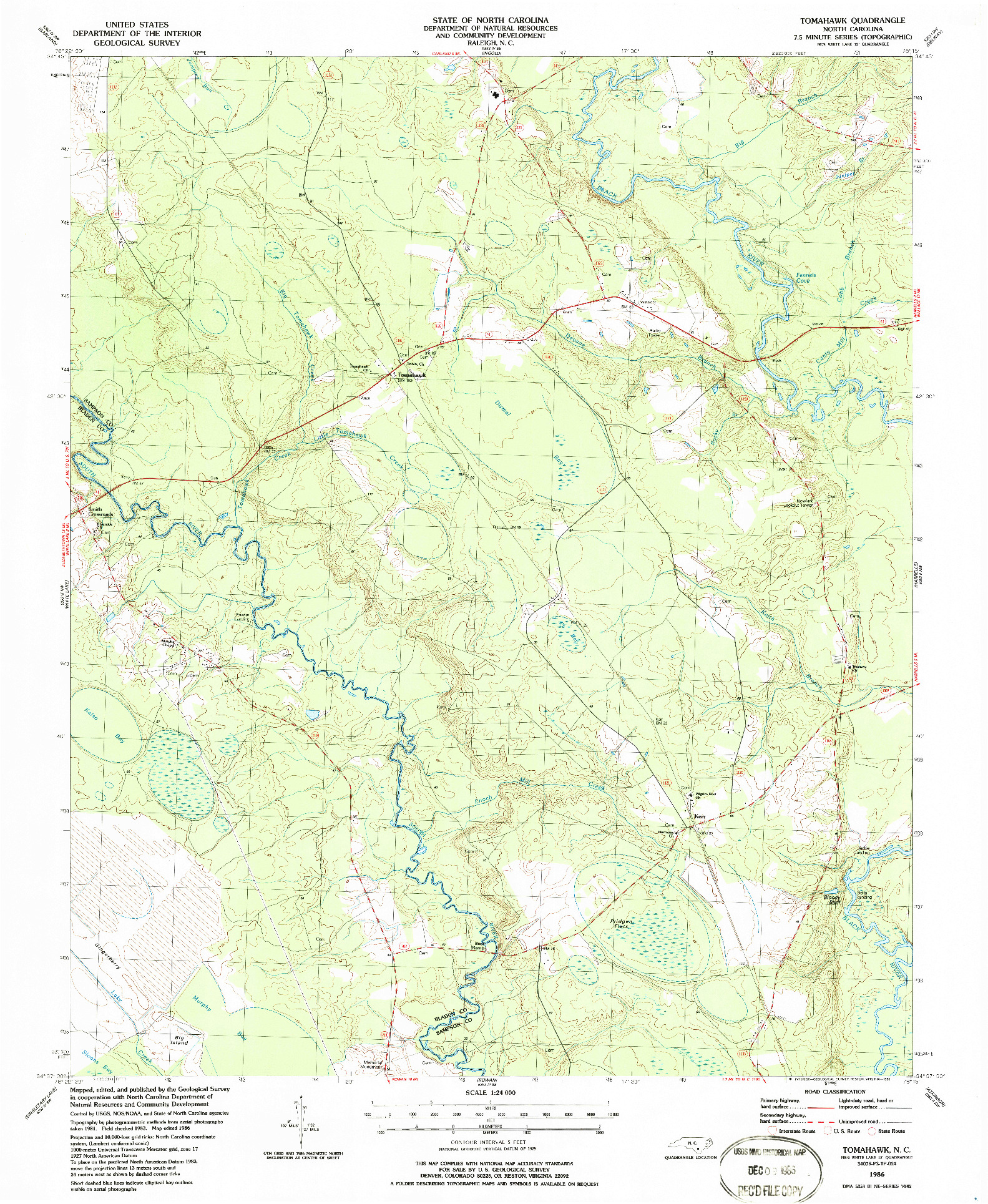 USGS 1:24000-SCALE QUADRANGLE FOR TOMAHAWK, NC 1986