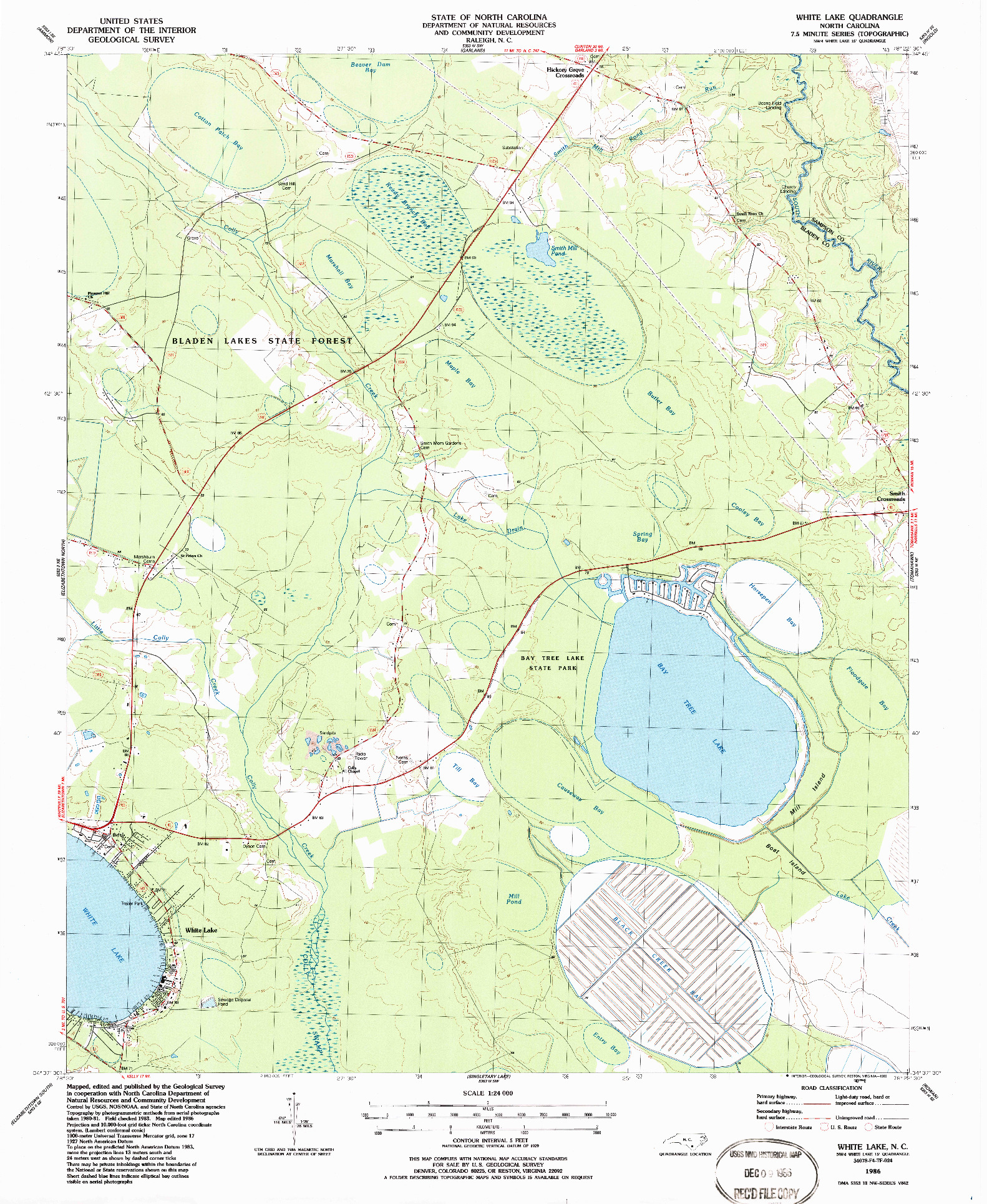 USGS 1:24000-SCALE QUADRANGLE FOR WHITE LAKE, NC 1986