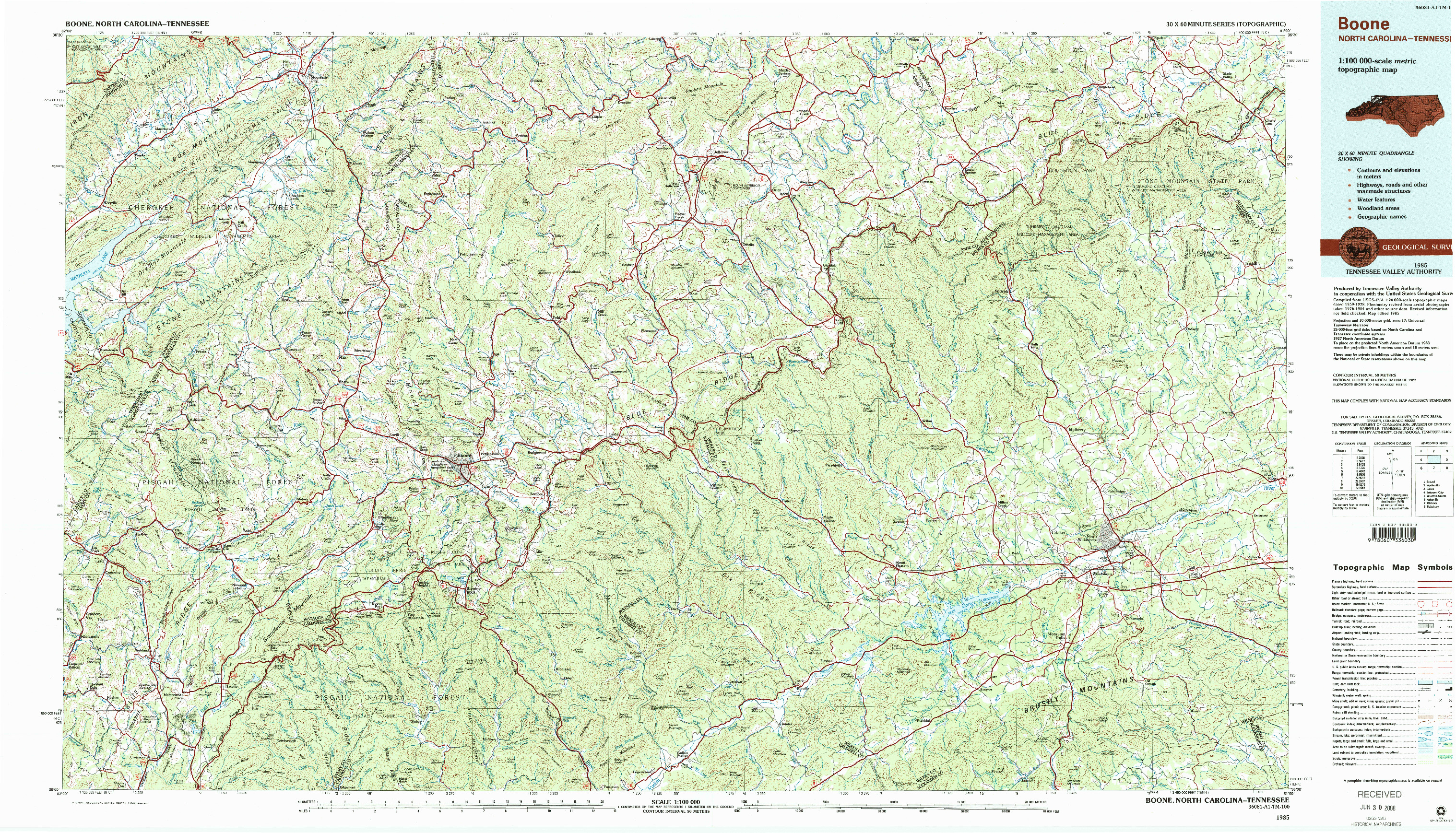 USGS 1:100000-SCALE QUADRANGLE FOR BOONE, NC 1985