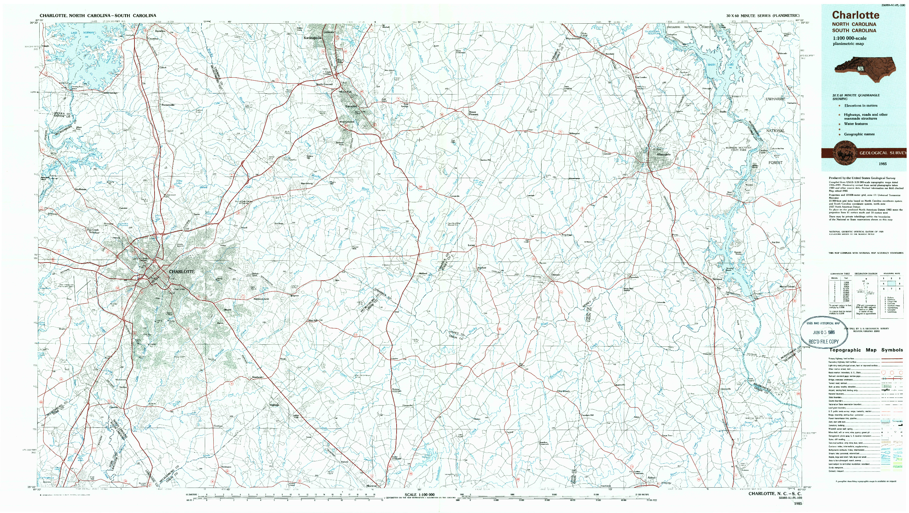 USGS 1:100000-SCALE QUADRANGLE FOR CHARLOTTE, NC 1985