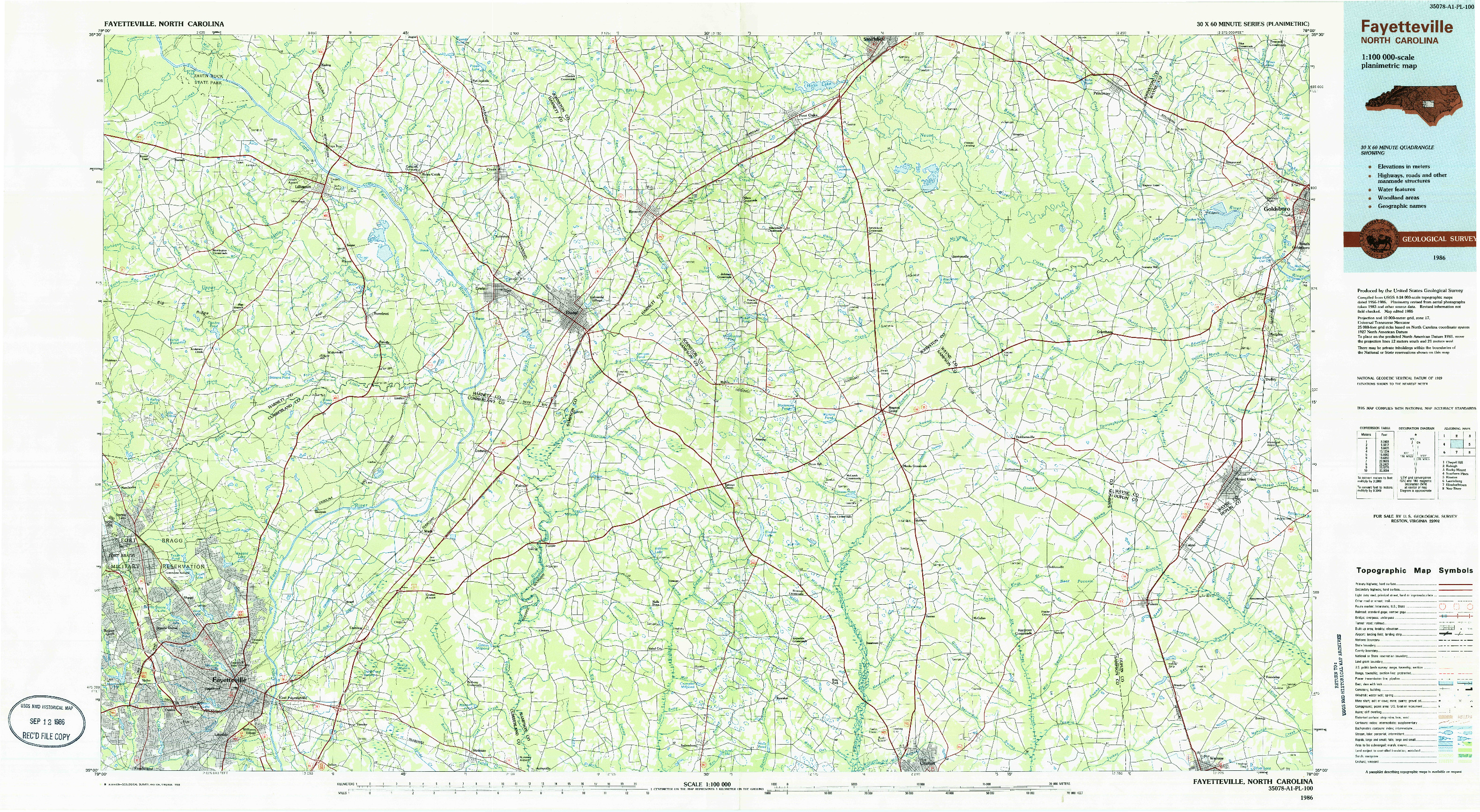 USGS 1:100000-SCALE QUADRANGLE FOR FAYETTEVILLE, NC 1986