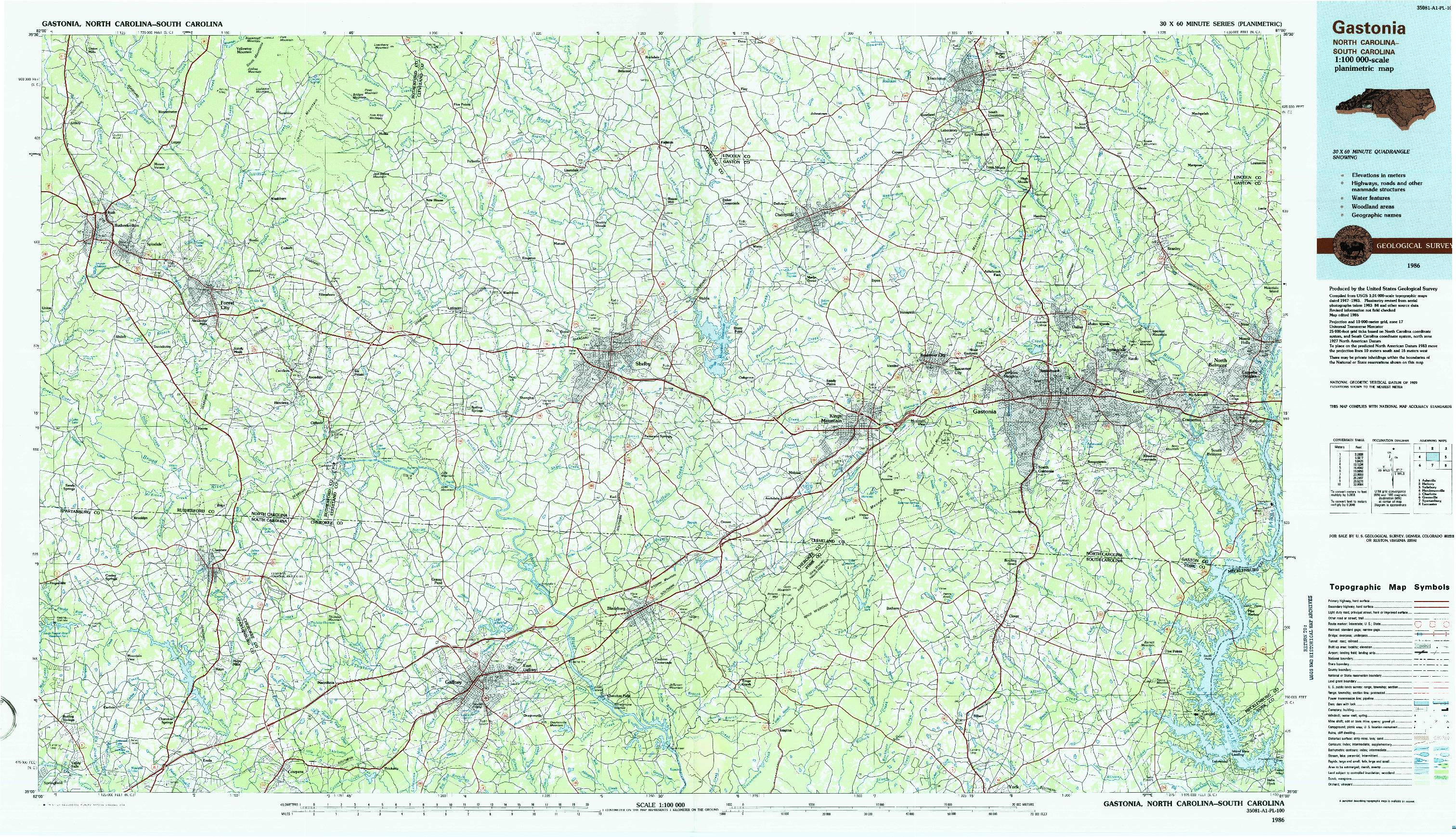 USGS 1:100000-SCALE QUADRANGLE FOR GASTONIA, NC 1986