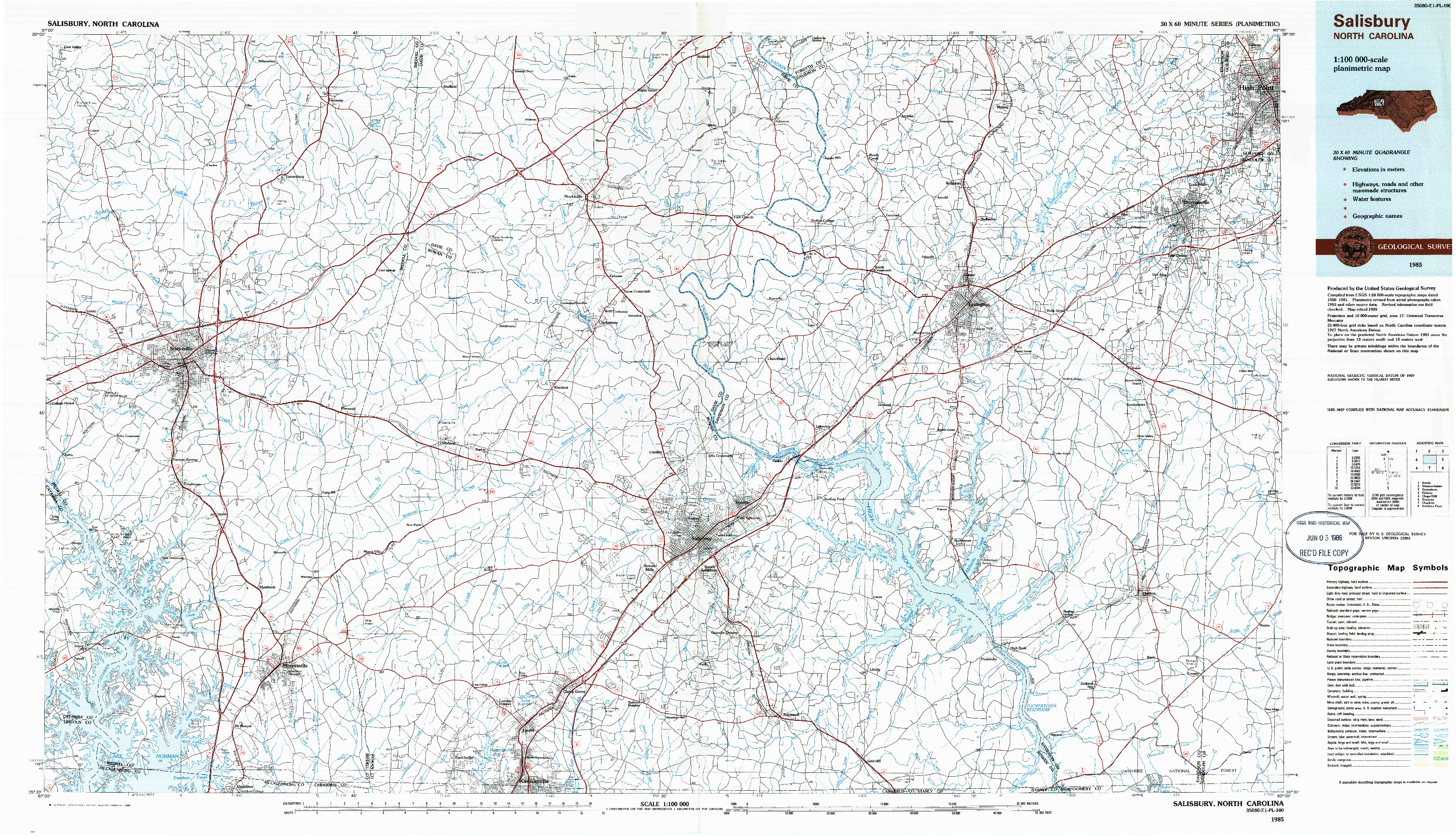 USGS 1:100000-SCALE QUADRANGLE FOR SALISBURY, NC 1985