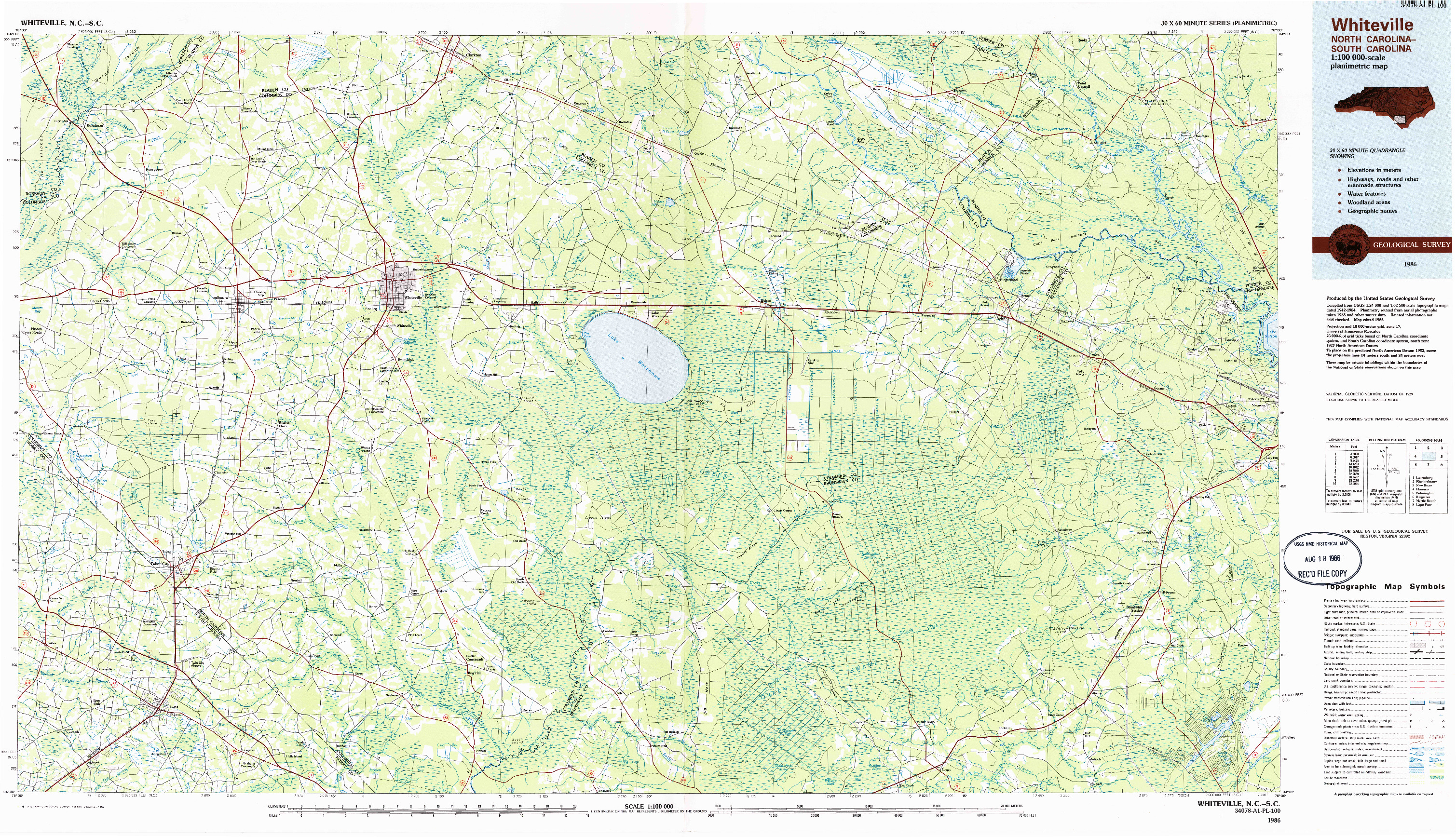 USGS 1:100000-SCALE QUADRANGLE FOR WHITEVILLE, NC 1986
