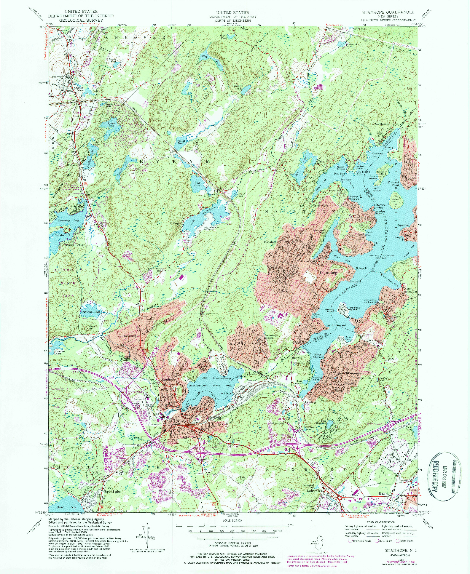 USGS 1:24000-SCALE QUADRANGLE FOR STANHOPE, NJ 1954