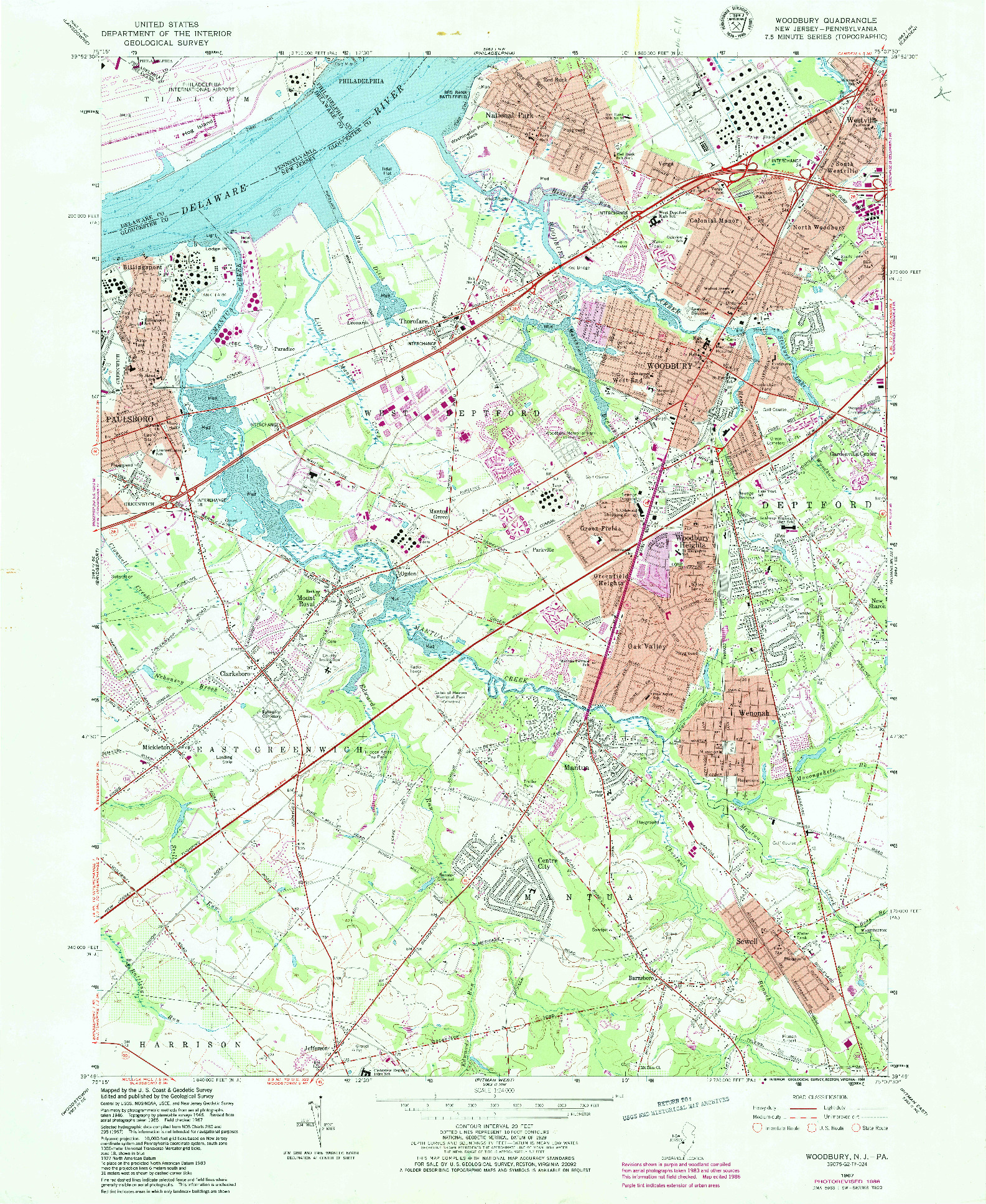 USGS 1:24000-SCALE QUADRANGLE FOR WOODBURY, NJ 1967
