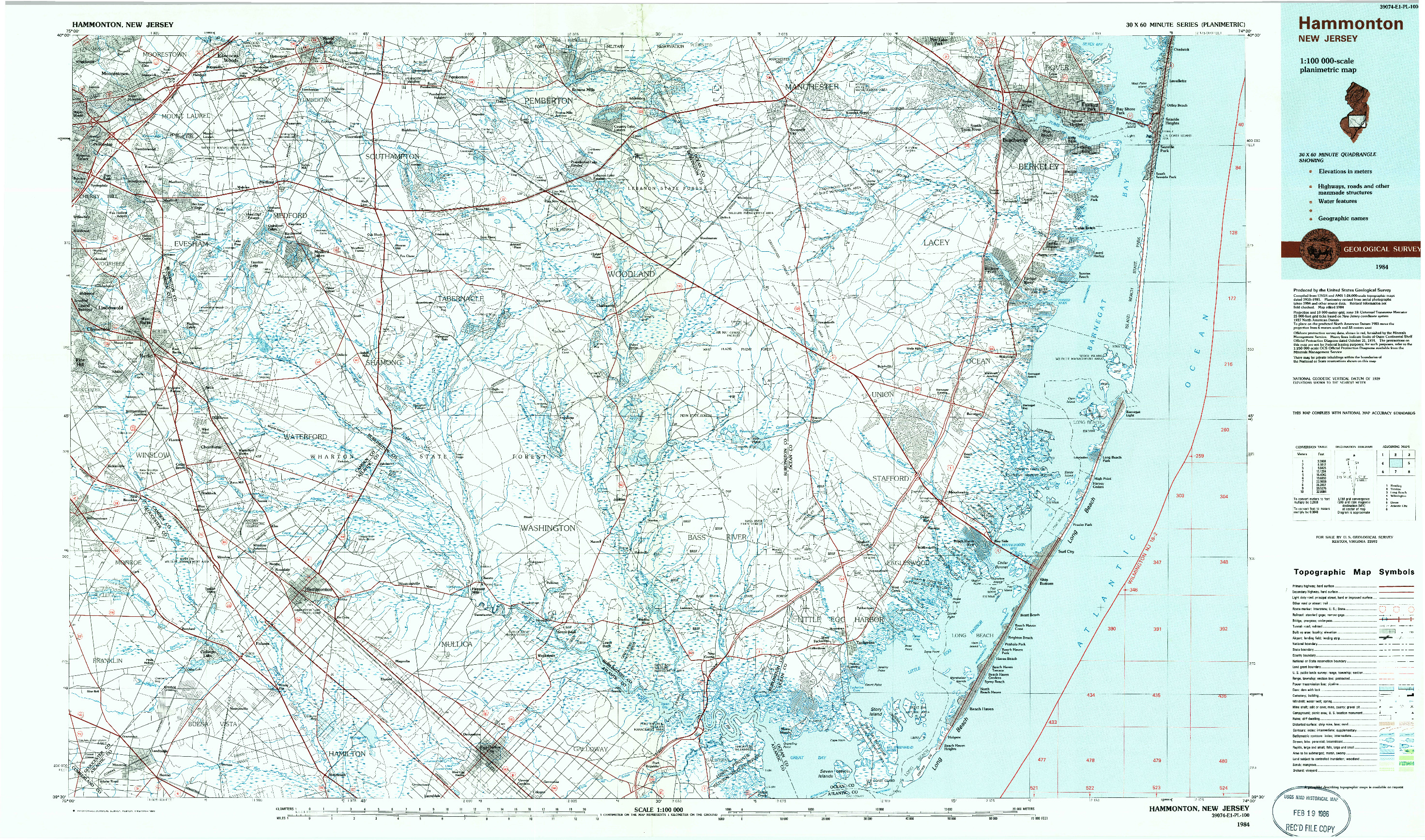 USGS 1:100000-SCALE QUADRANGLE FOR HAMMONTON, NJ 1984