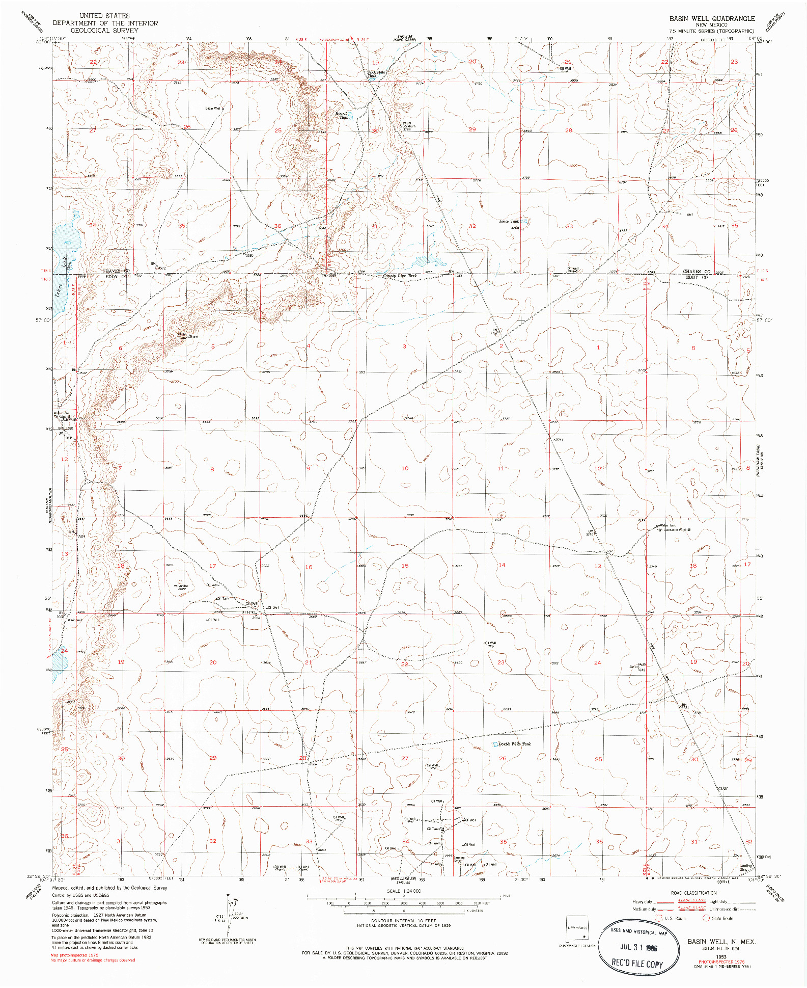 USGS 1:24000-SCALE QUADRANGLE FOR BASIN WELL, NM 1953