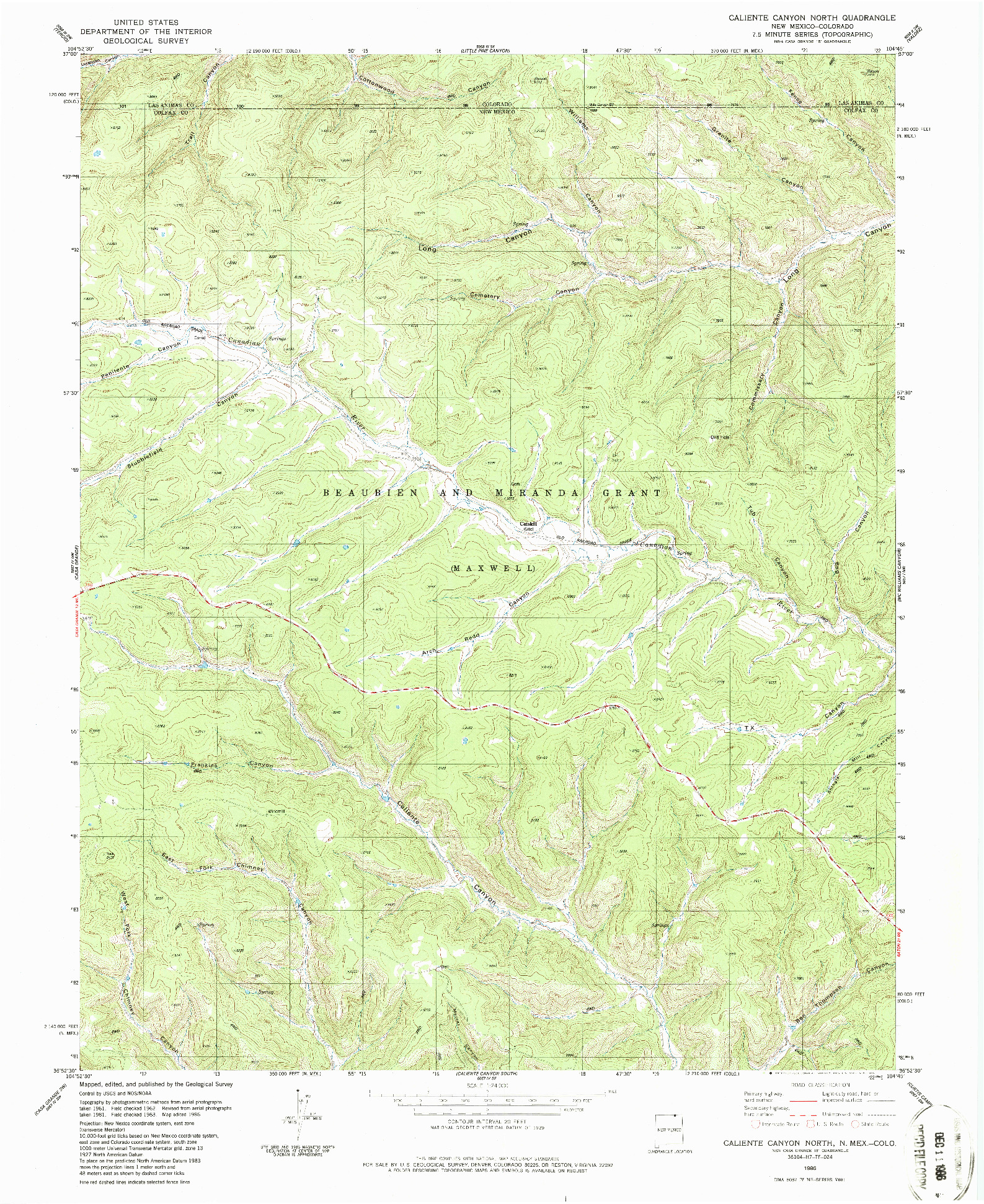 USGS 1:24000-SCALE QUADRANGLE FOR CALIENTE CANYON NORTH, NM 1986