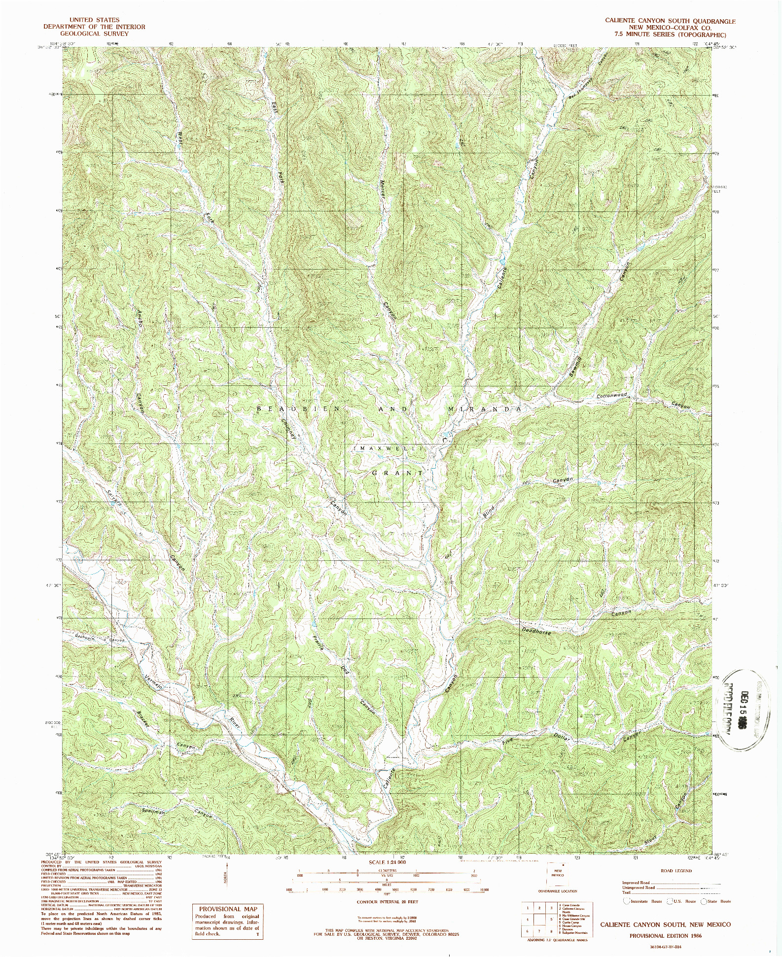 USGS 1:24000-SCALE QUADRANGLE FOR CALIENTE CANYON SOUTH, NM 1986
