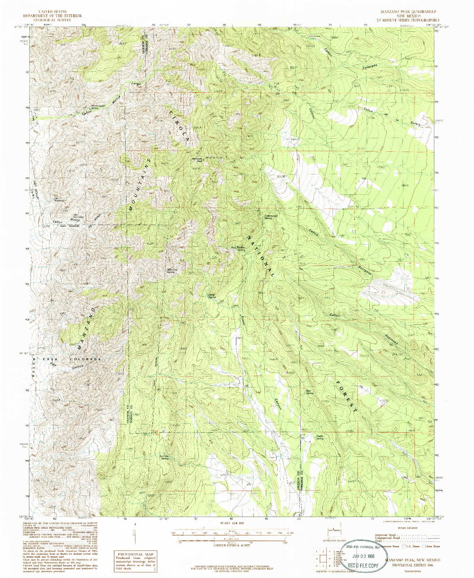 USGS 1:24000-SCALE QUADRANGLE FOR MANZANO PEAK, NM 1986