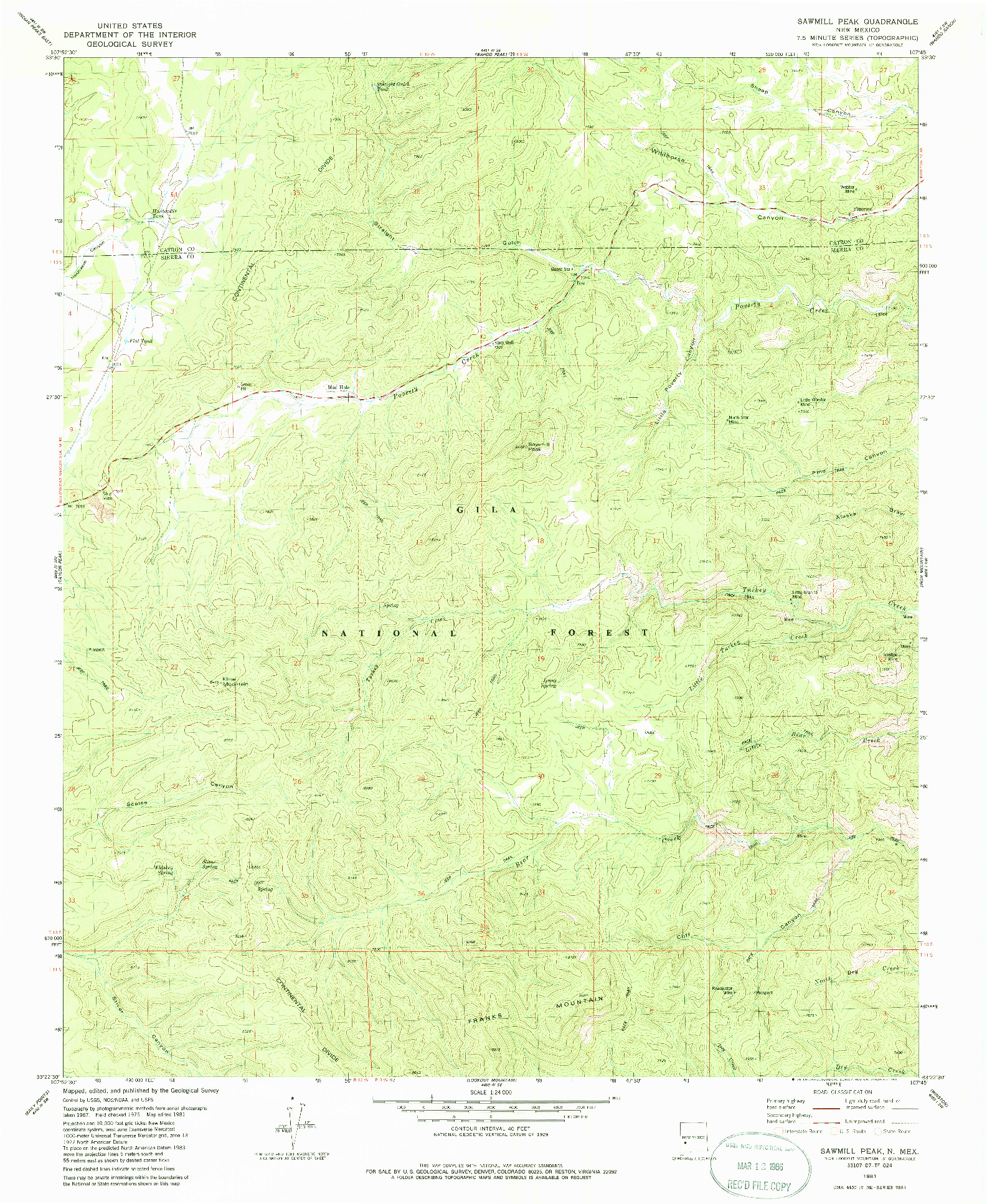 USGS 1:24000-SCALE QUADRANGLE FOR SAWMILL PEAK, NM 1981