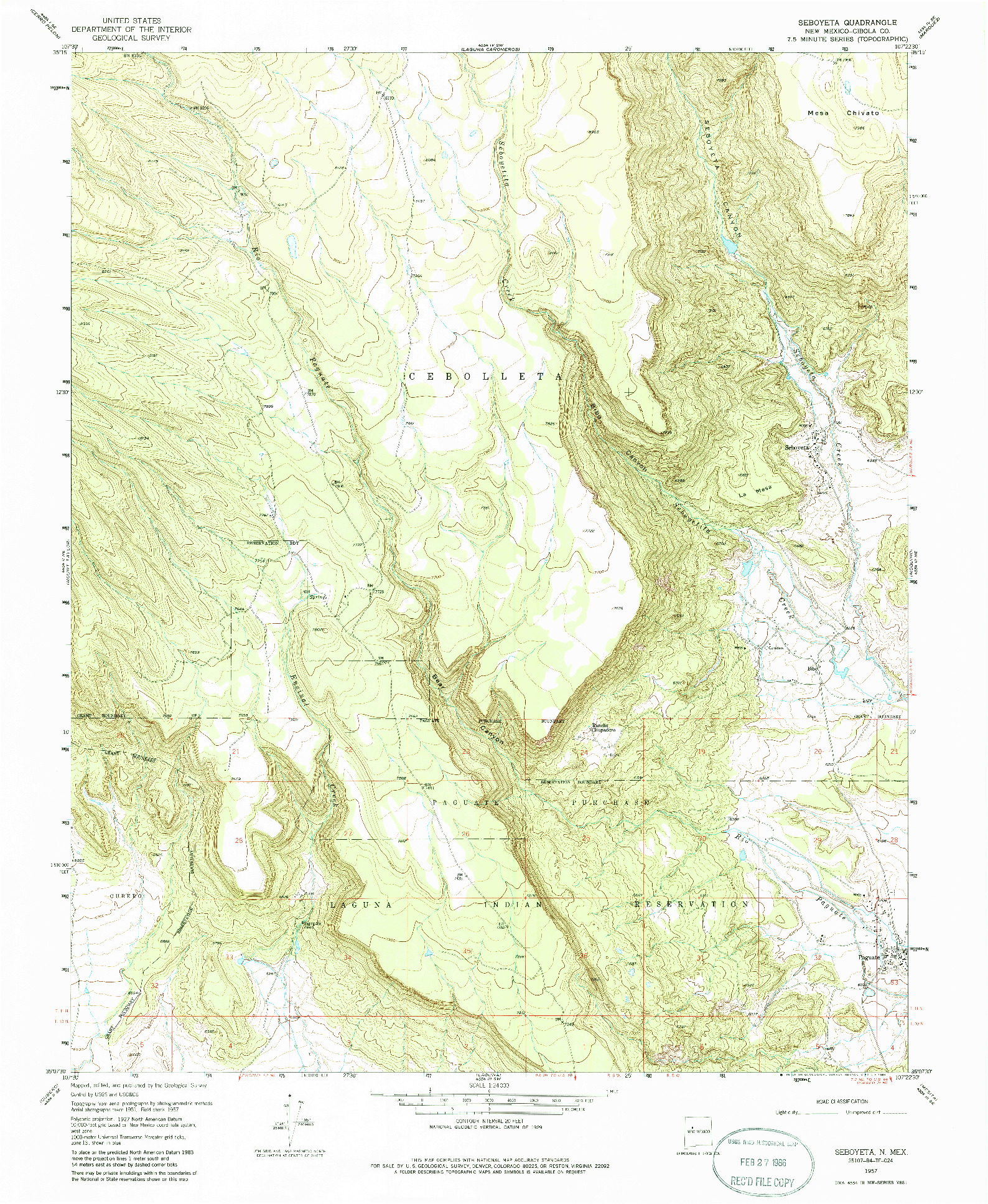 USGS 1:24000-SCALE QUADRANGLE FOR SEBOYETA, NM 1957