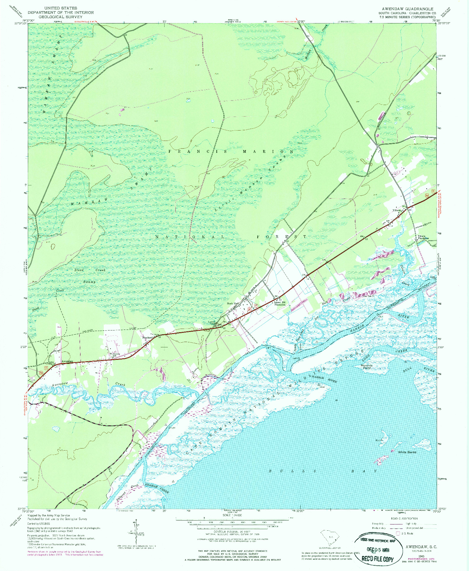 USGS 1:24000-SCALE QUADRANGLE FOR AWENDAW, SC 1943