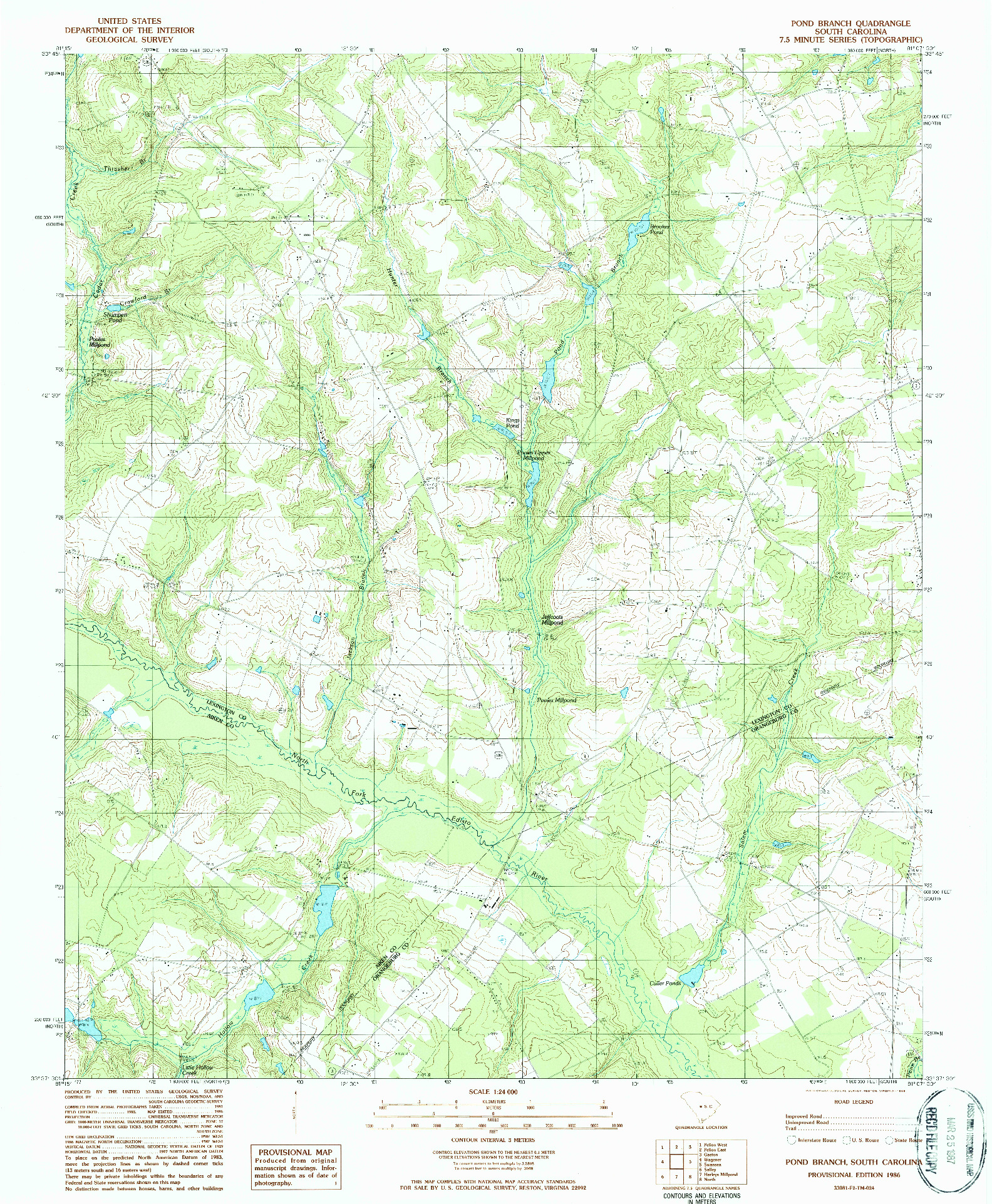 USGS 1:24000-SCALE QUADRANGLE FOR POND BRANCH, SC 1986