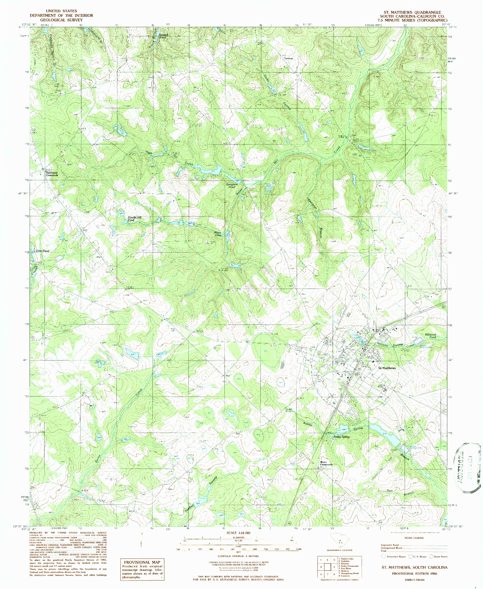 USGS 1:24000-SCALE QUADRANGLE FOR ST. MATTHEWS, SC 1986