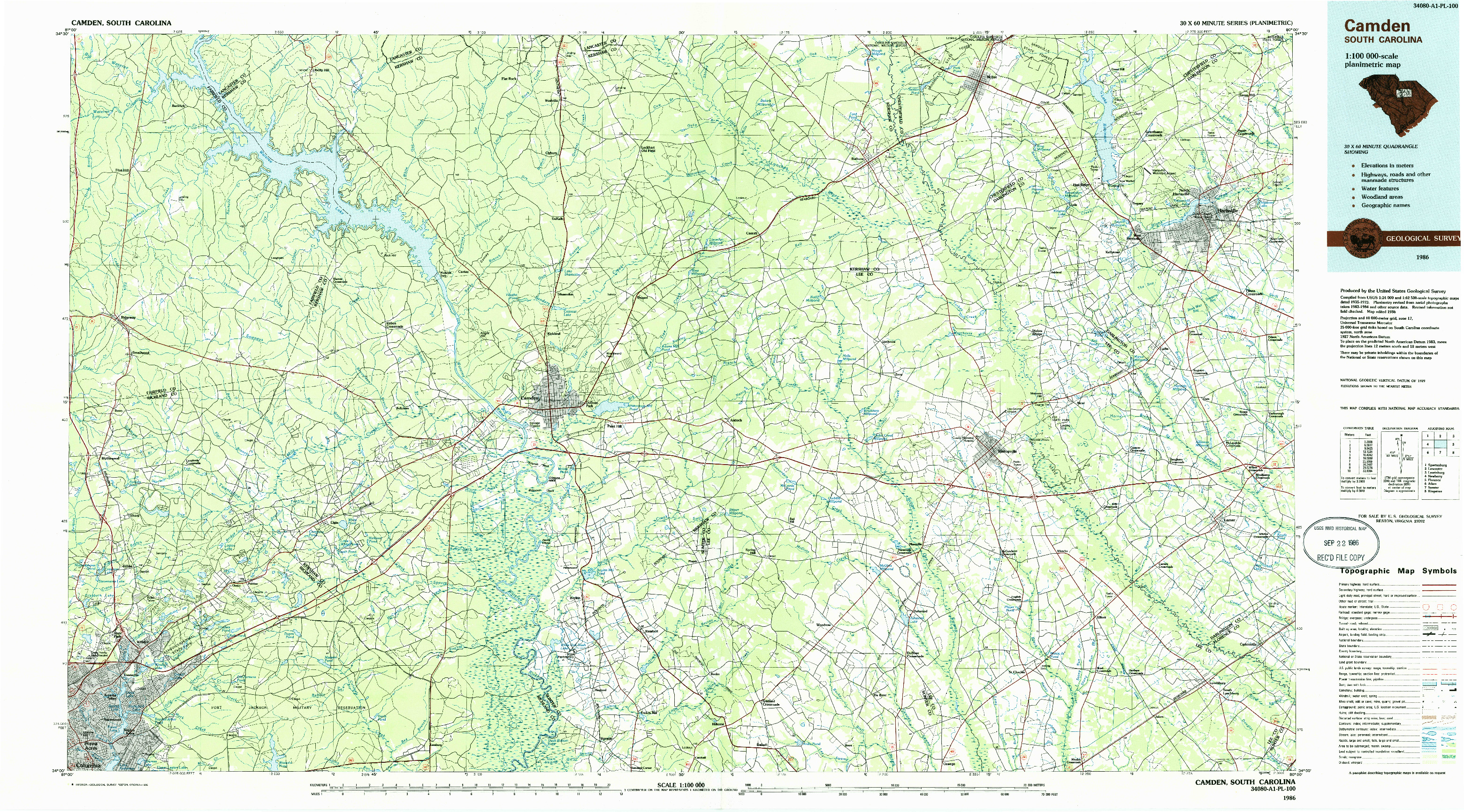 USGS 1:100000-SCALE QUADRANGLE FOR CAMDEN SOUTH, SC 1986