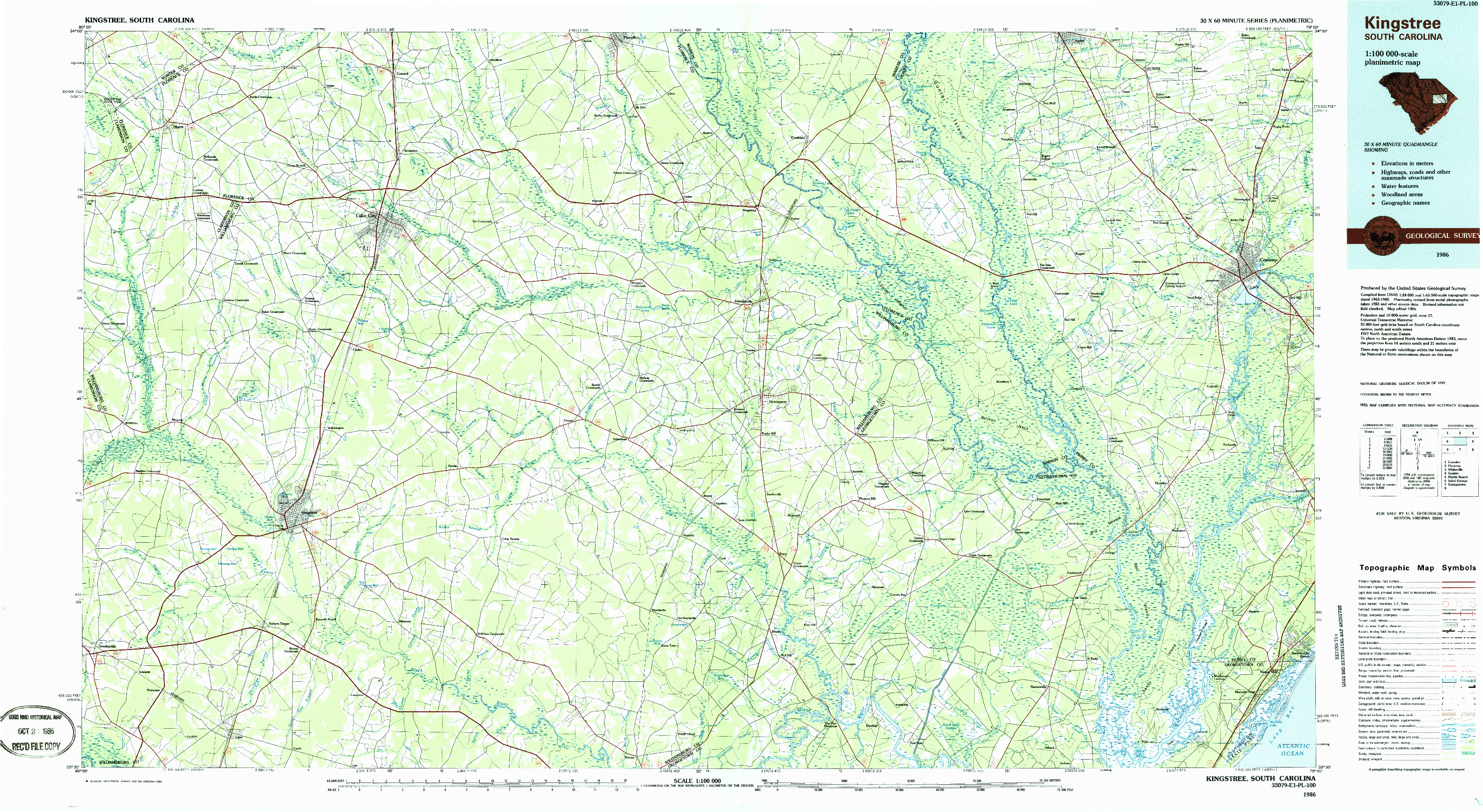 USGS 1:100000-SCALE QUADRANGLE FOR KINGSTREE, SC 1986