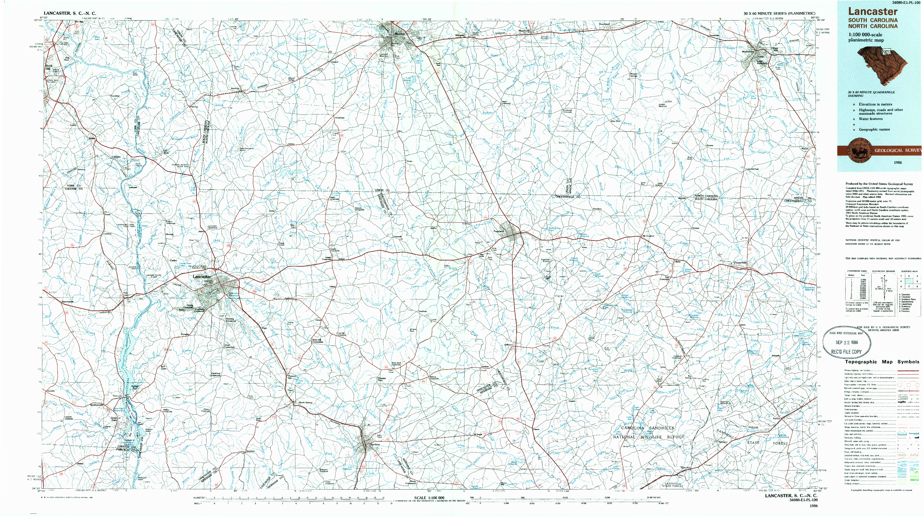 USGS 1:100000-SCALE QUADRANGLE FOR LANCASTER, SC 1986