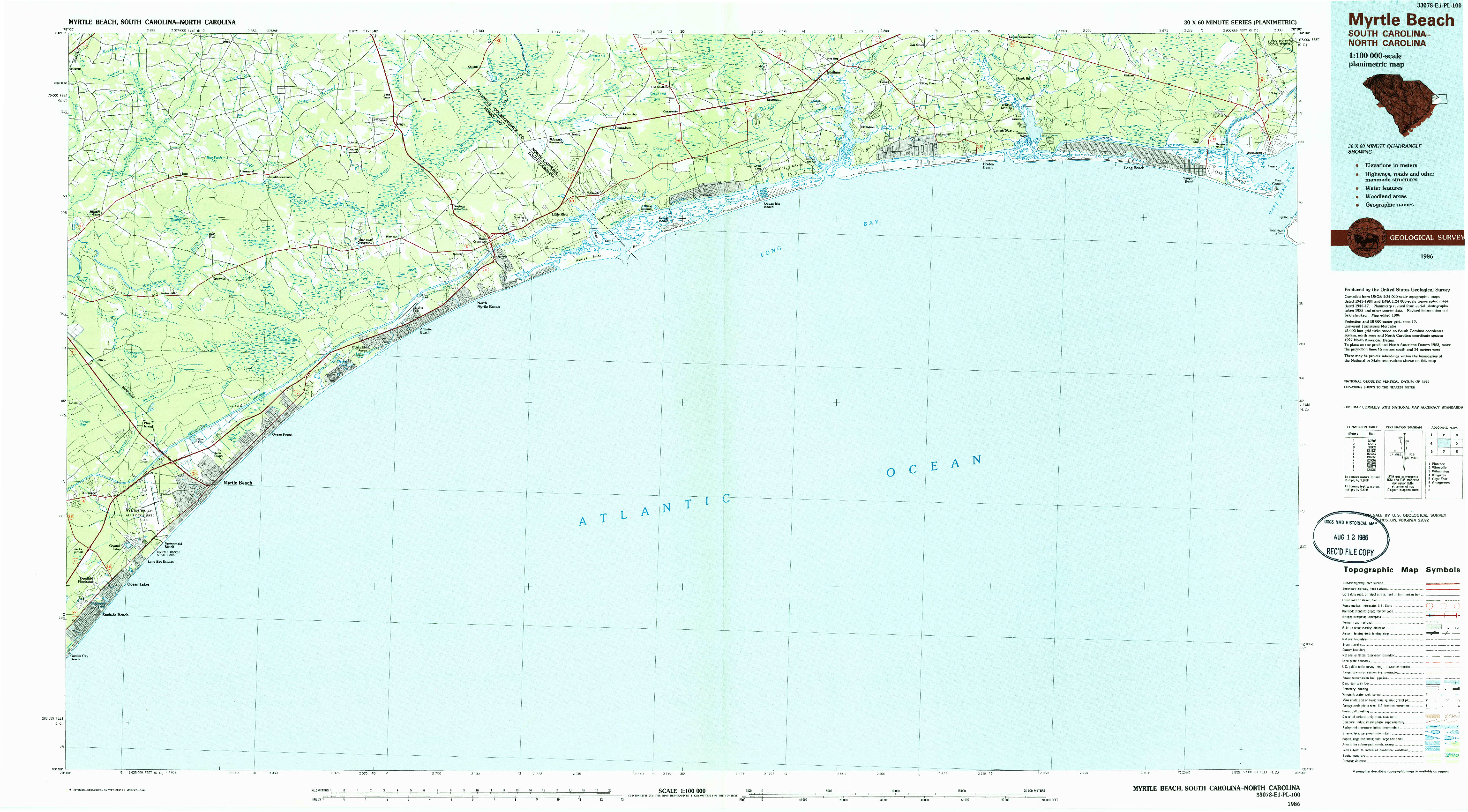USGS 1:100000-SCALE QUADRANGLE FOR MYRTLE BEACH, SC 1986