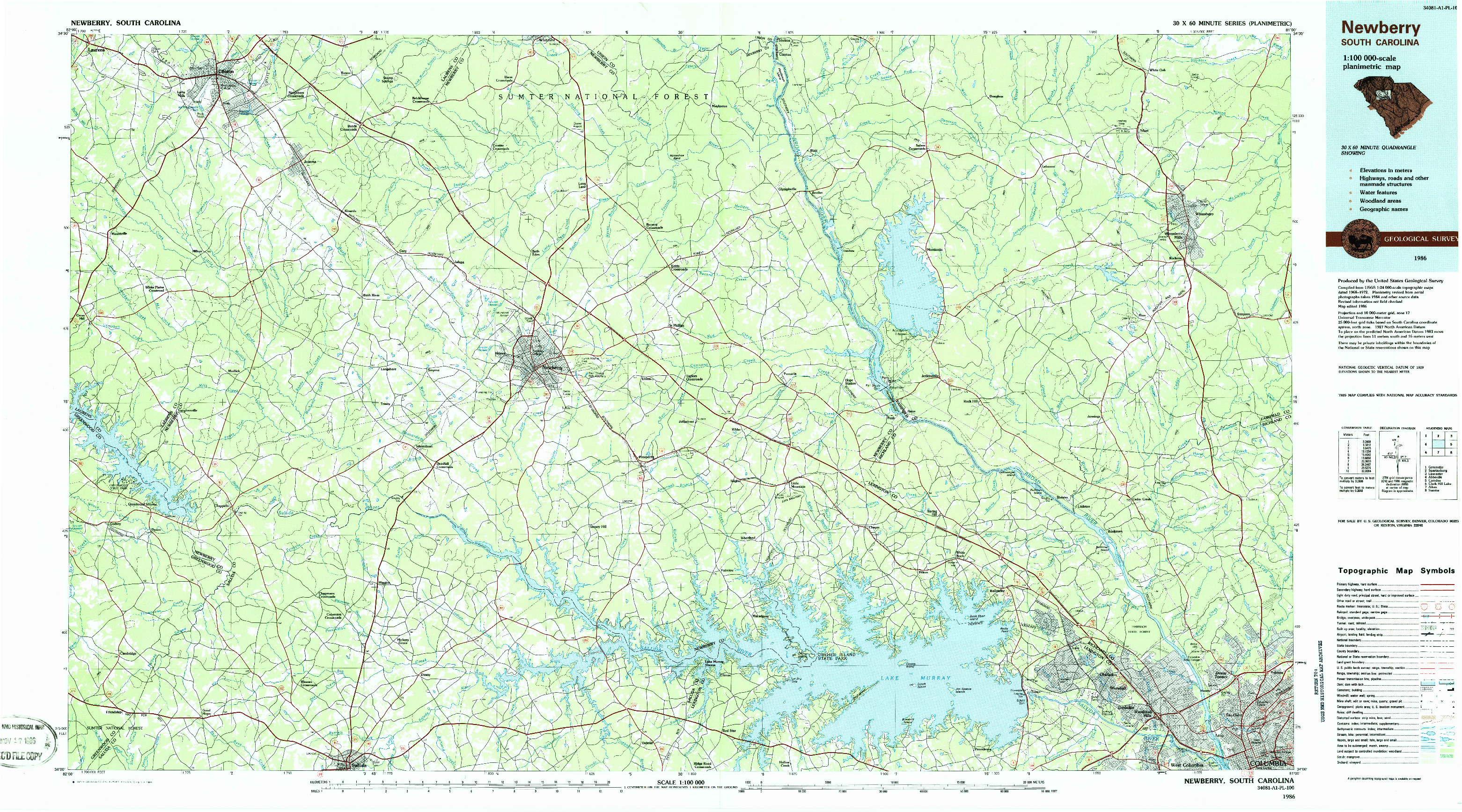 USGS 1:100000-SCALE QUADRANGLE FOR NEWBERRY, SC 1986