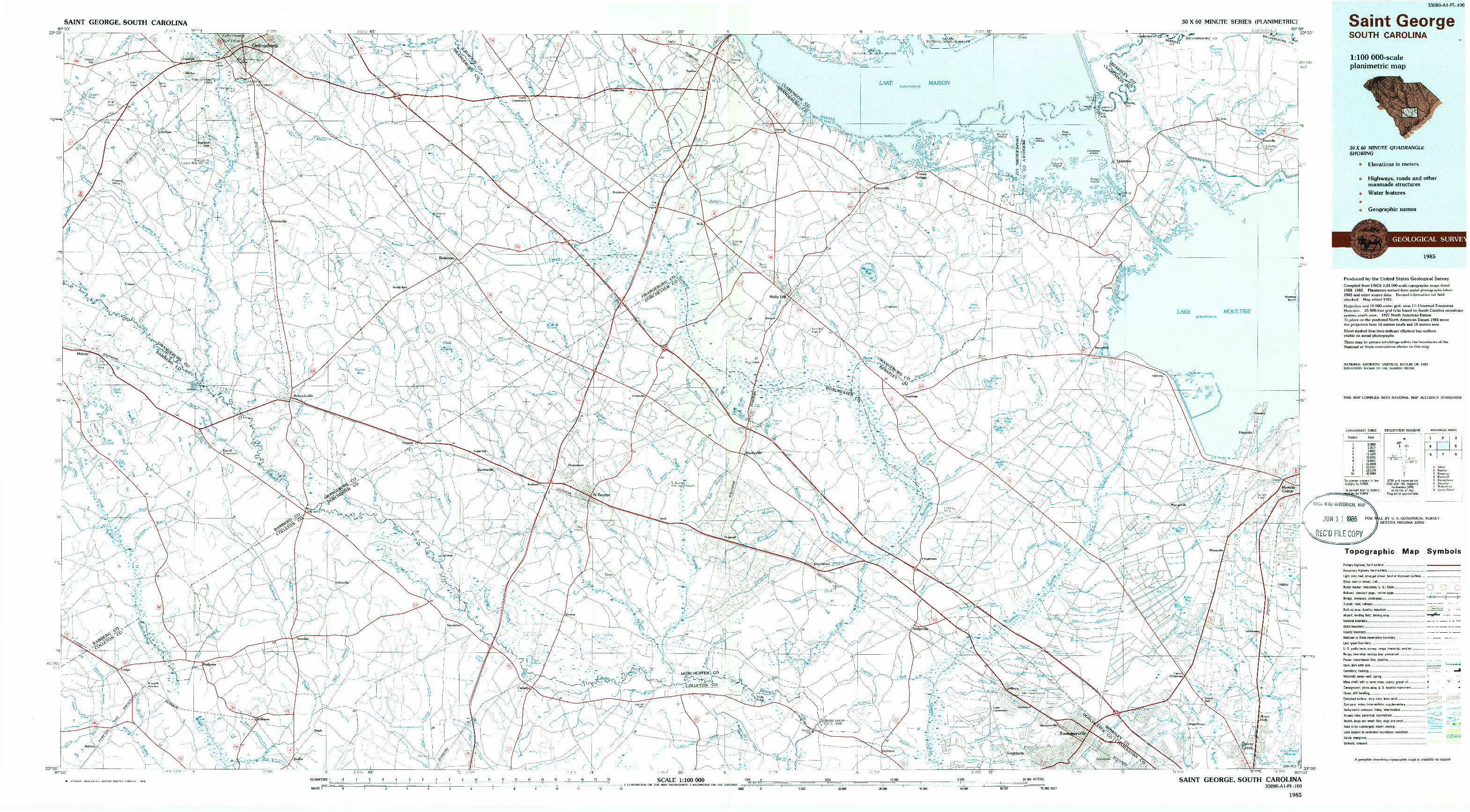 USGS 1:100000-SCALE QUADRANGLE FOR SAINT GEORGE, SC 1985